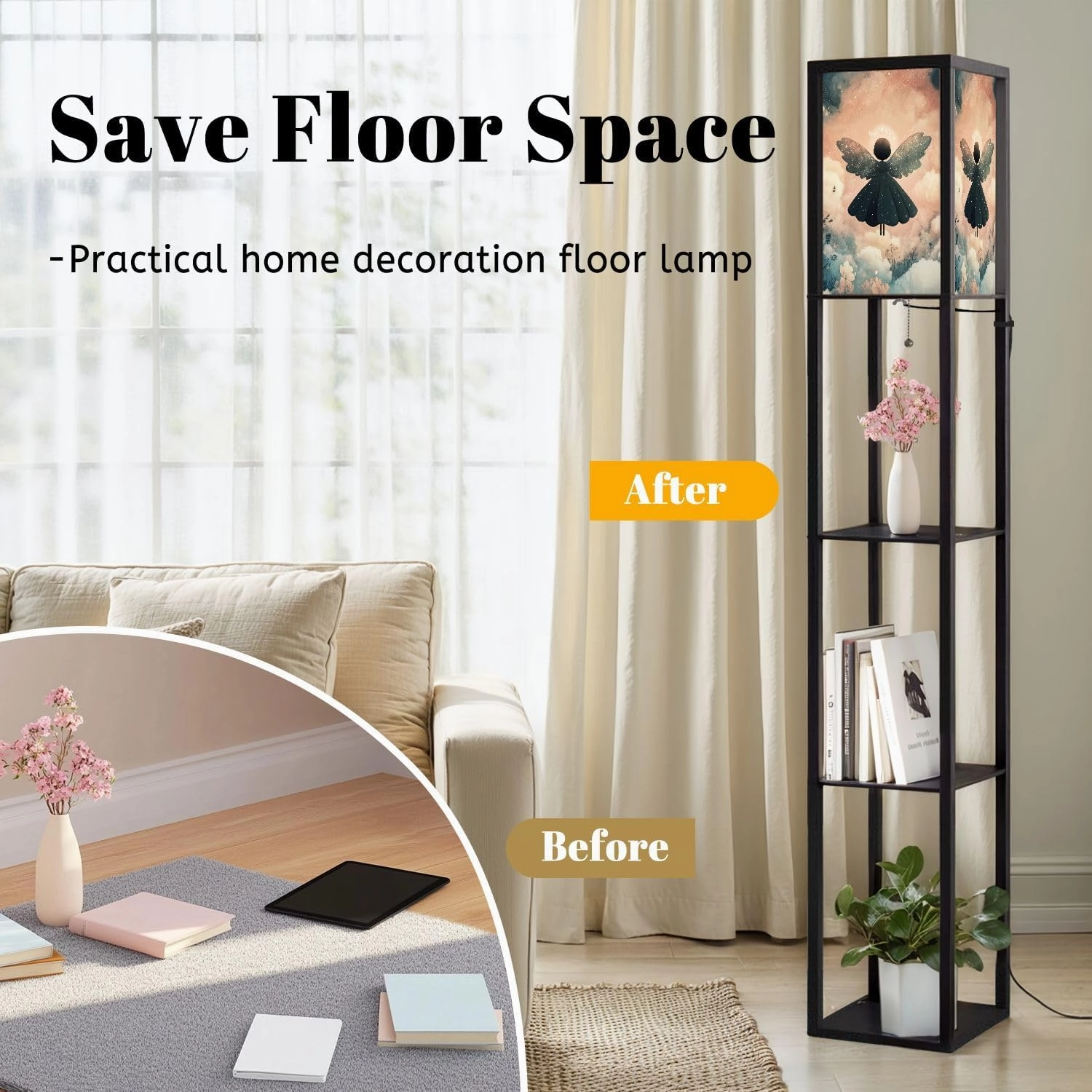 Heavenly Tranquility Starry Nimbus Angel Poster Floor Lamps with Shelves, Modern Standing Lamp Narrow Corner Display Bookshelf Lamp for Living Room, Bedroom, Office Decor