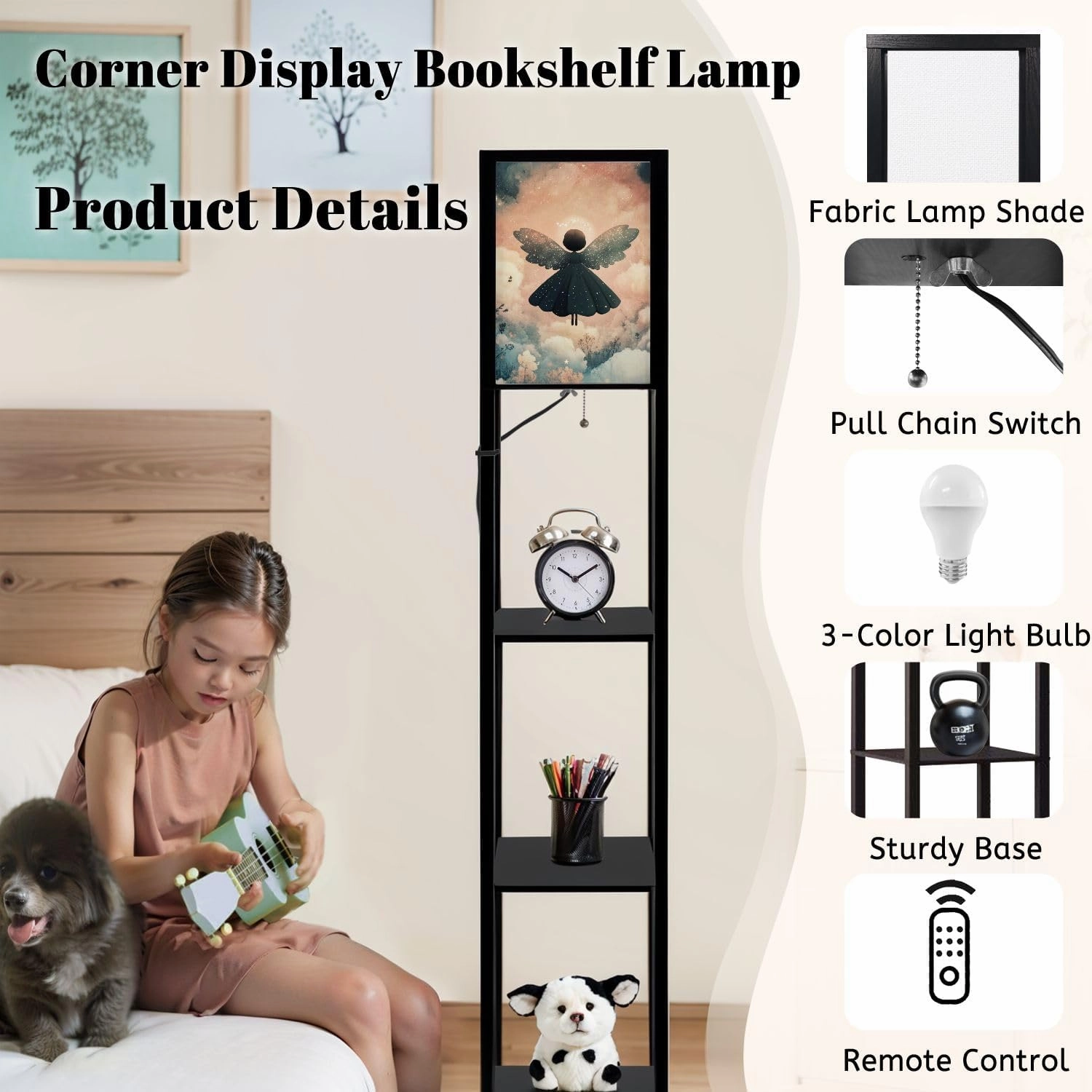 Heavenly Tranquility Starry Nimbus Angel Poster Floor Lamps with Shelves, Modern Standing Lamp Narrow Corner Display Bookshelf Lamp for Living Room, Bedroom, Office Decor