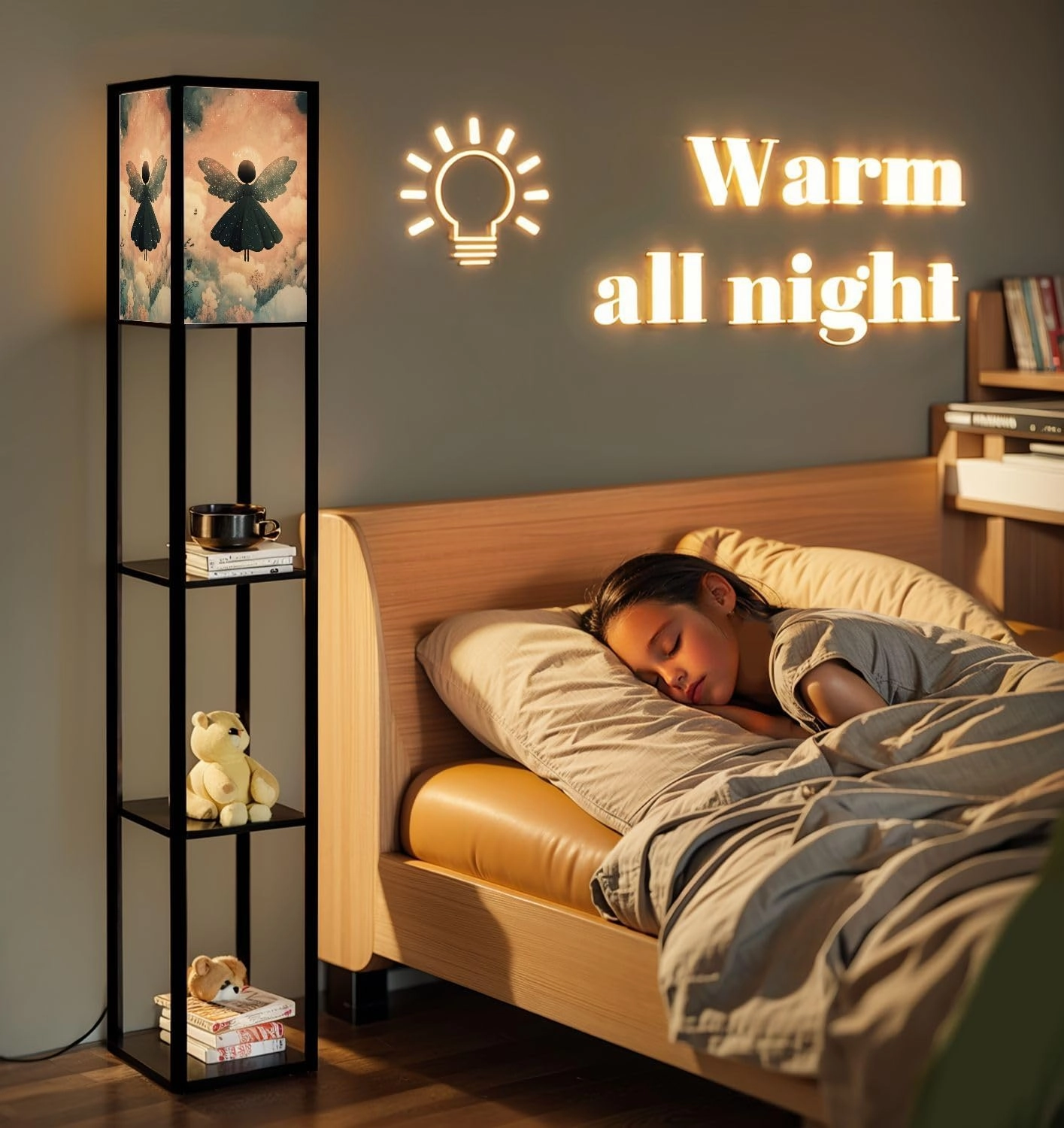 Heavenly Tranquility Starry Nimbus Angel Poster Floor Lamps with Shelves, Modern Standing Lamp Narrow Corner Display Bookshelf Lamp for Living Room, Bedroom, Office Decor