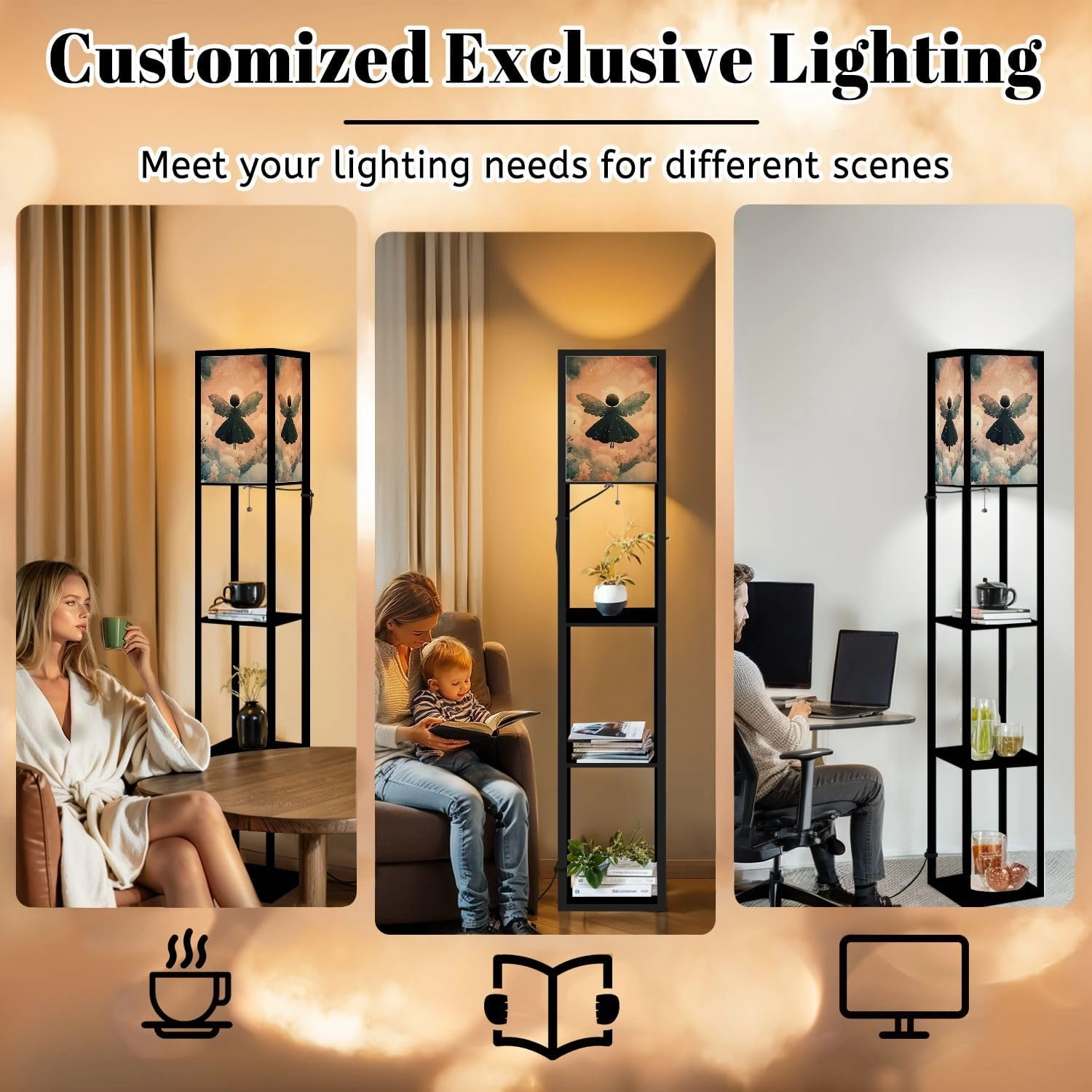 Heavenly Tranquility Starry Nimbus Angel Poster Floor Lamps with Shelves, Modern Standing Lamp Narrow Corner Display Bookshelf Lamp for Living Room, Bedroom, Office Decor