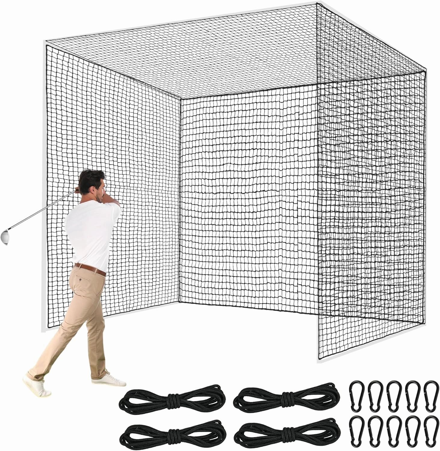 Heavy Duty Nylon Golf Batting Cage, 7.8 * 7.8 * 7.8ft Batting Cage Net with 10 Carabiners and 4 Tie Rope,Durable Golf Practice Net Batting Net for Backyard,Baseball Net Indoor Outdoor (ONLY NET)
