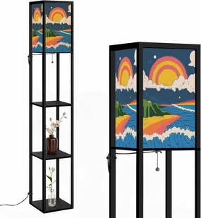 Hippie Art Psychedelic Landscape 1960s 1970s Style Art Sea Clouds Floor Lamps with Shelves, Modern Standing Lamp Narrow Corner Display Bookshelf Lamp for Living Room, Bedroom, Office Decor
