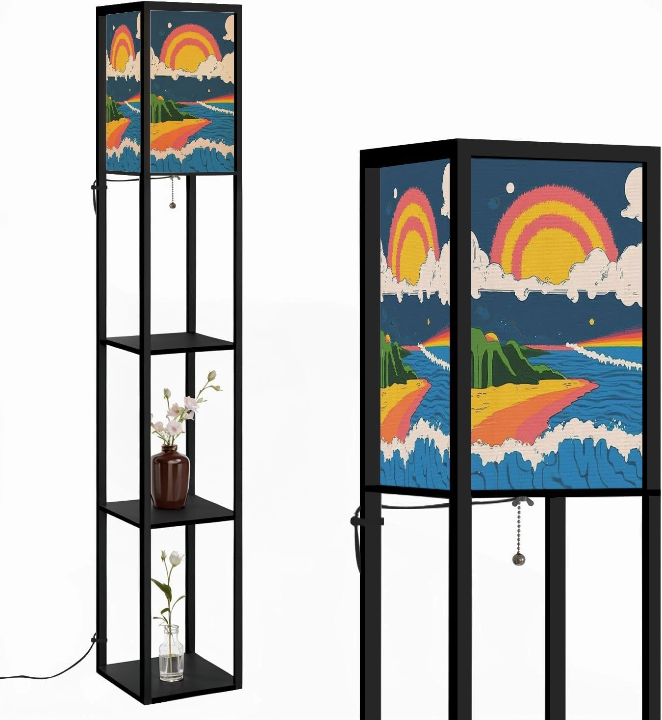 Hippie Art Psychedelic Landscape 1960s 1970s Style Art Sea Clouds Floor Lamps with Shelves, Modern Standing Lamp Narrow Corner Display Bookshelf Lamp for Living Room, Bedroom, Office Decor