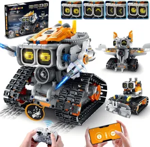 HOGOKIDS Changeable Expressions Robot Building Sets - 3 in 1 Remote & APP Supported Robotic Building Toy Having Sound Effect, Rechargeable RC Robot Birthday Present for Kids Age 6  Boy & Girl (451PCS)