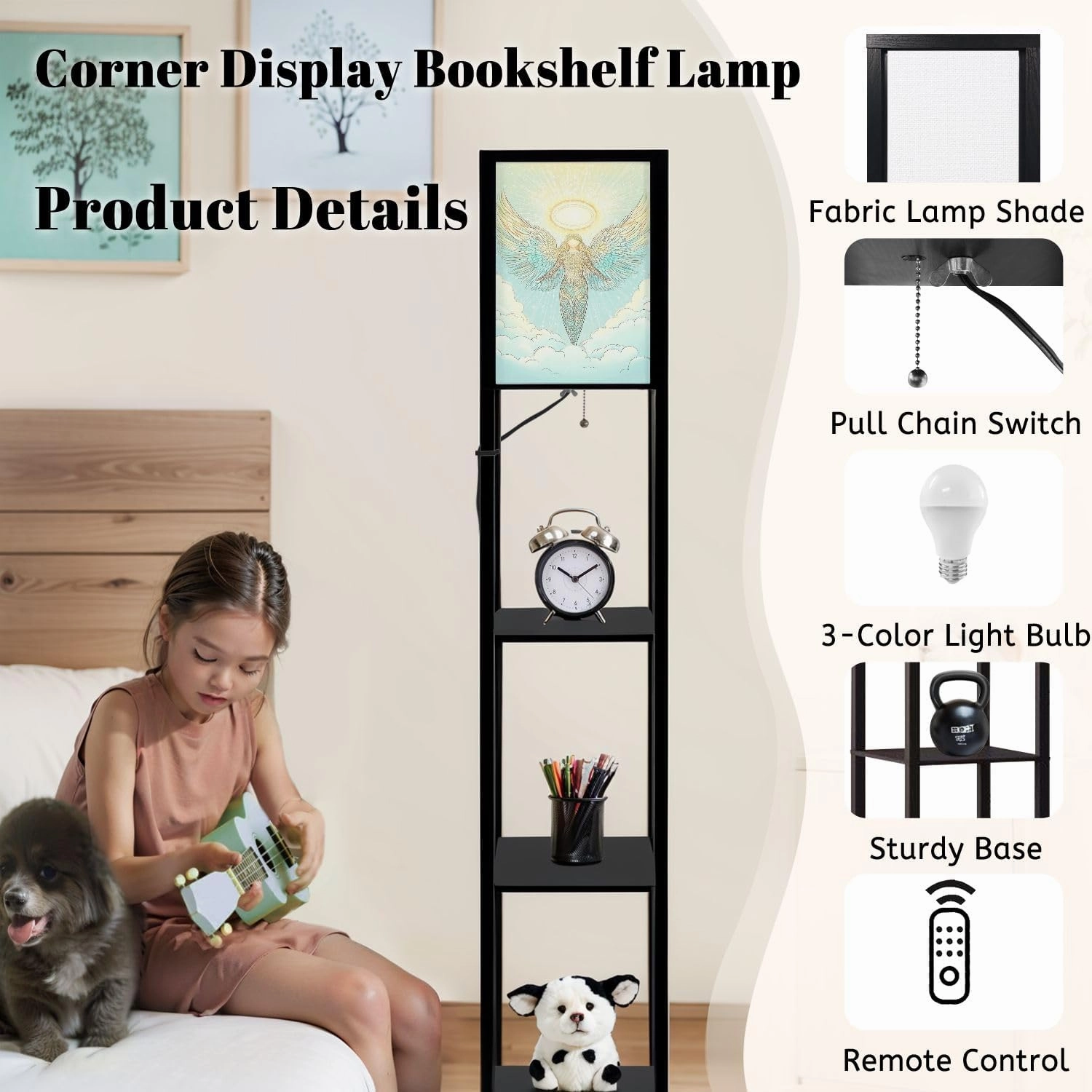 Holy Angel Halo Peaceful Celestial Palette Floor Lamps with Shelves, Modern Standing Lamp Narrow Corner Display Bookshelf Lamp for Living Room, Bedroom, Office Decor