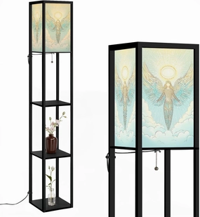 Holy Angel Halo Peaceful Celestial Palette Floor Lamps with Shelves, Modern Standing Lamp Narrow Corner Display Bookshelf Lamp for Living Room, Bedroom, Office Decor
