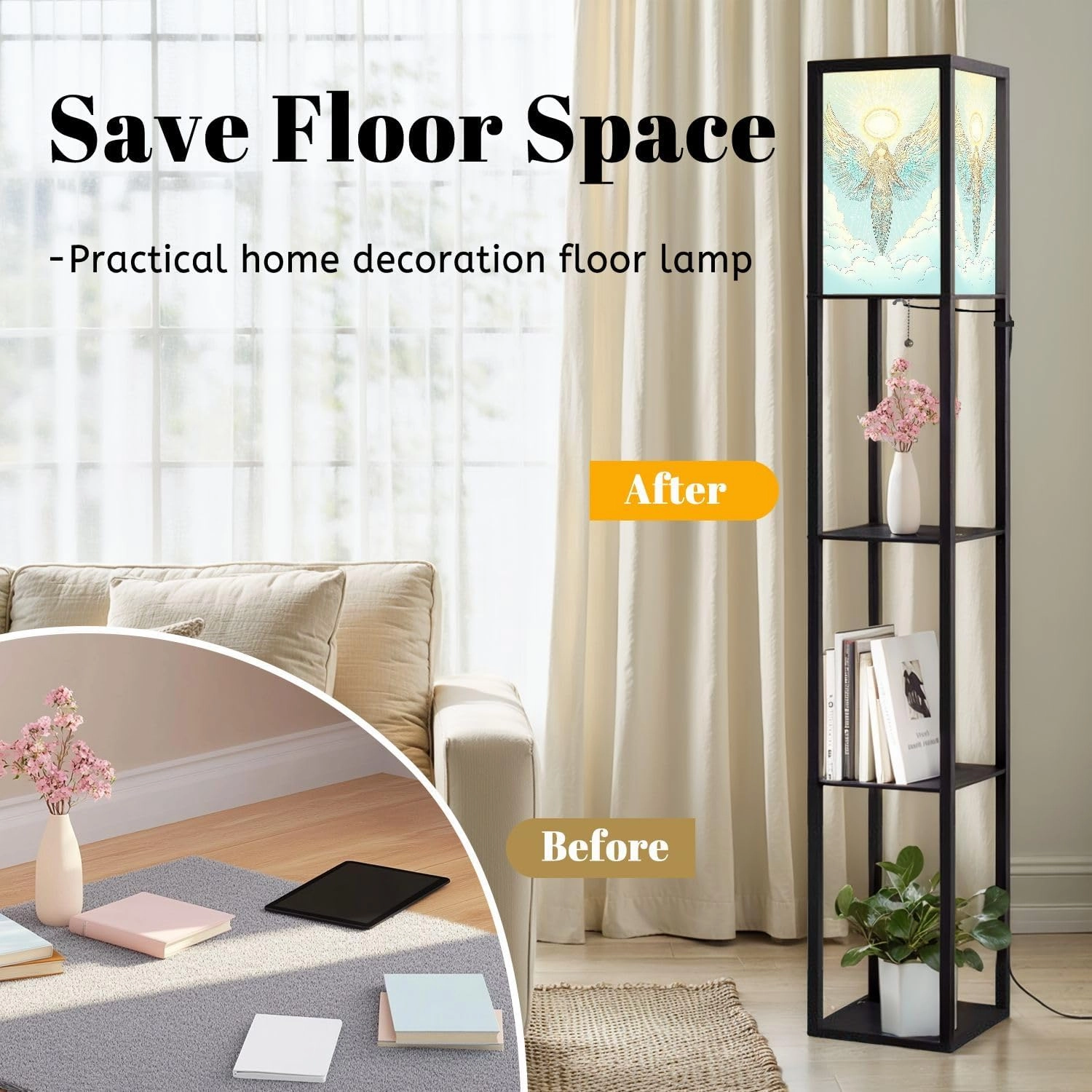 Holy Angel Halo Peaceful Celestial Palette Floor Lamps with Shelves, Modern Standing Lamp Narrow Corner Display Bookshelf Lamp for Living Room, Bedroom, Office Decor