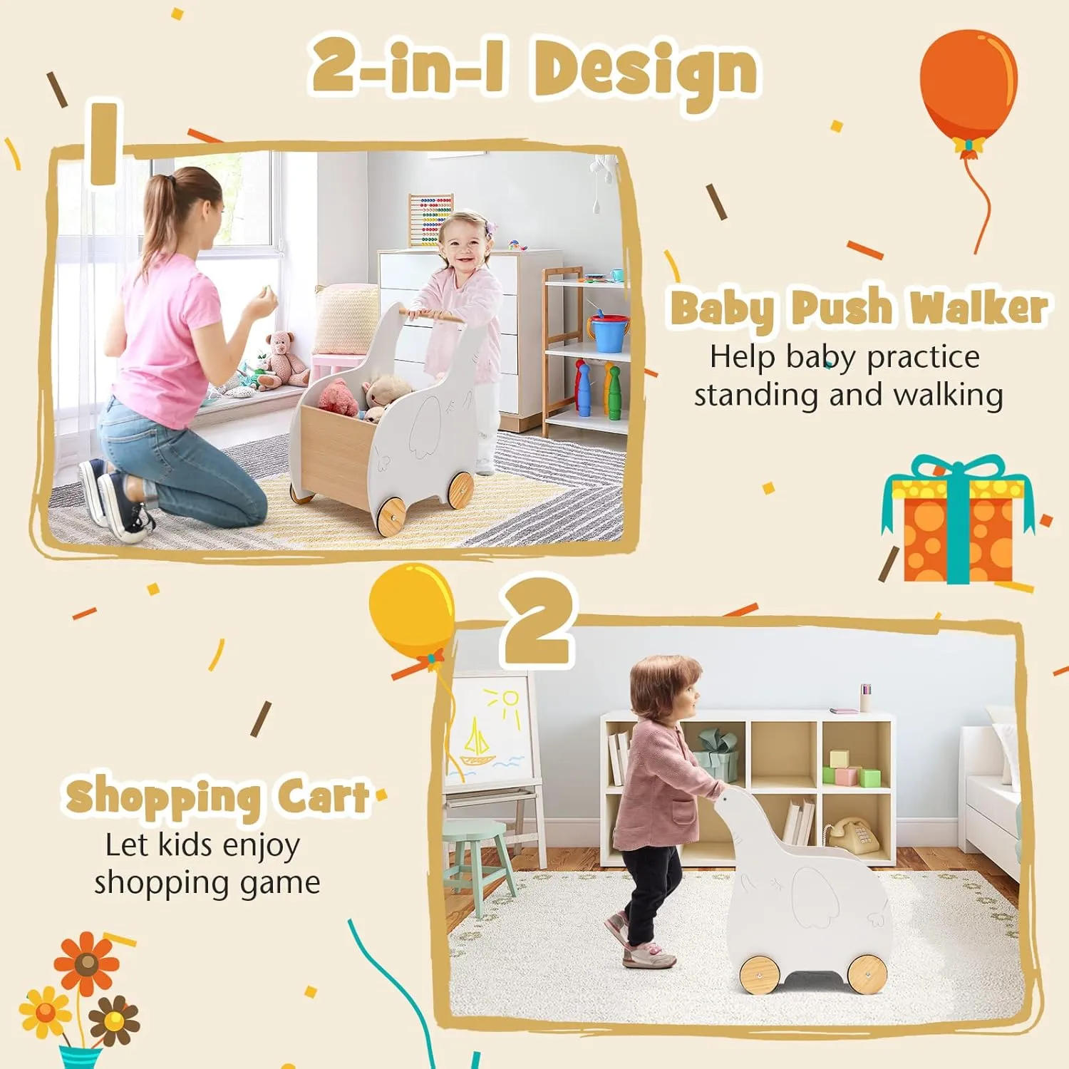 HONEY JOY Baby Push Walker, Wooden Baby Learning Walking Toy with Wheels, Elephant Shape Toddler Shopping Cart w/Large Storage Chest, Baby Walker Push Toys for Boys and Girls, Natural