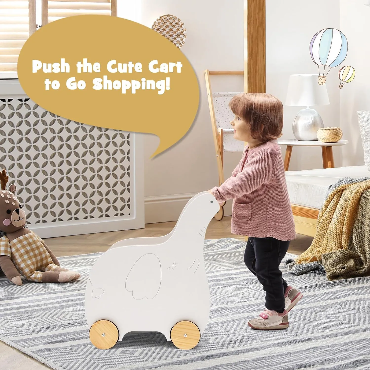 HONEY JOY Baby Push Walker, Wooden Baby Learning Walking Toy with Wheels, Elephant Shape Toddler Shopping Cart w/Large Storage Chest, Baby Walker Push Toys for Boys and Girls, Natural