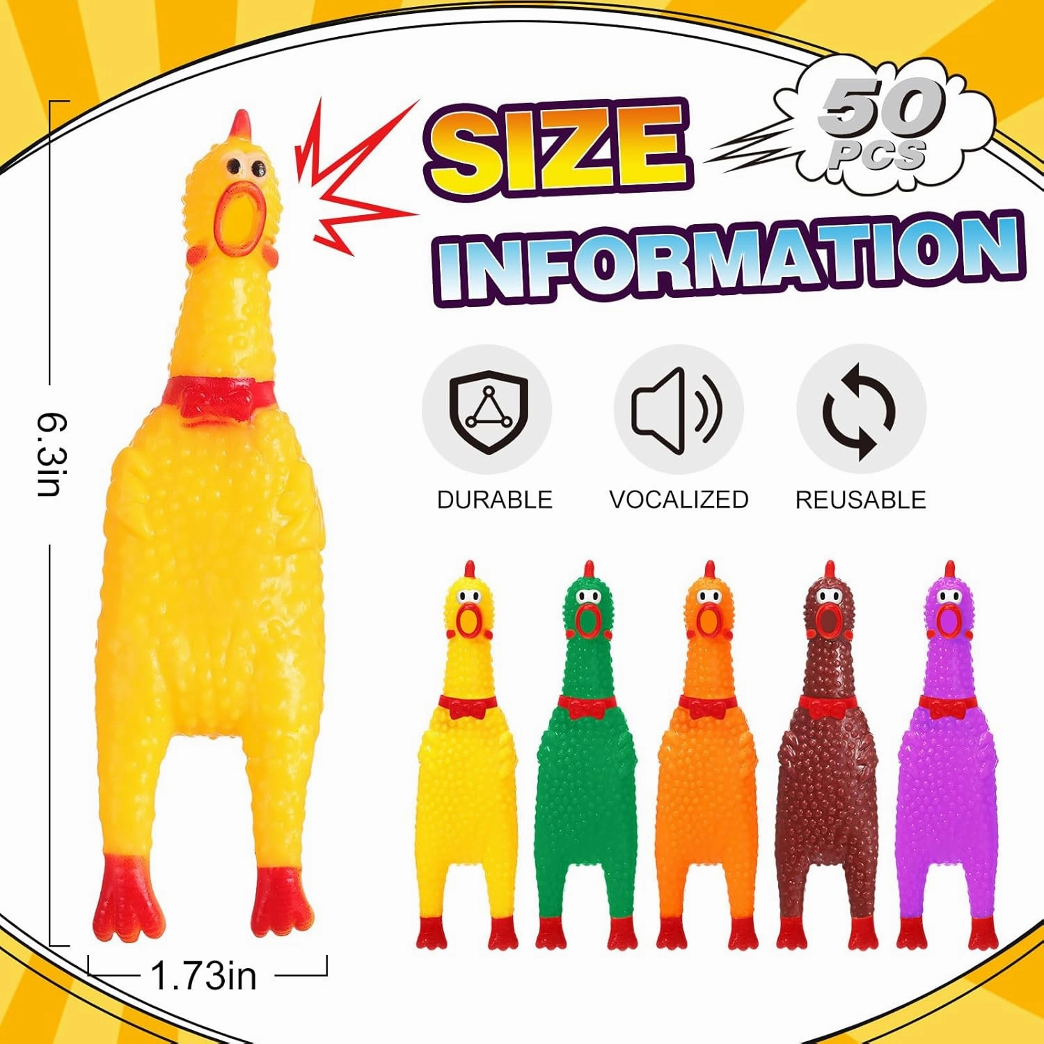 Honoson 50 Pcs Rubber Chickens Squeak Screaming Chicken Novelty Bulk Dog Toys for Pets Dogs Adults, 6.3 Inch(Mix Color)