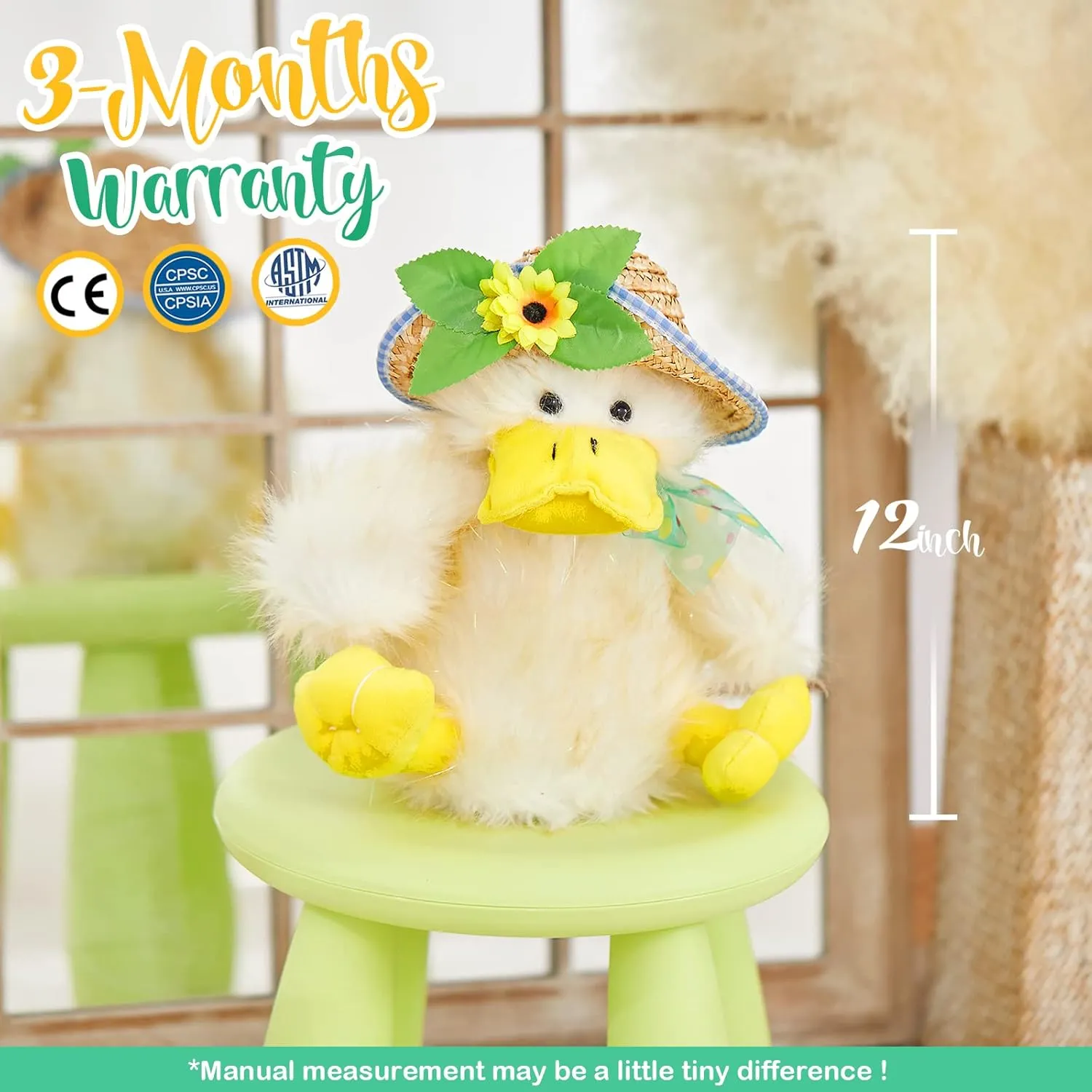 Houwsbaby 12" Electronic Duck Music Dancing Stuffed Animal Singing You are My Sunshine Waving Interactive Duck Plush Toy with Straw Hat for Boys Girls Kids Easter Birthday
