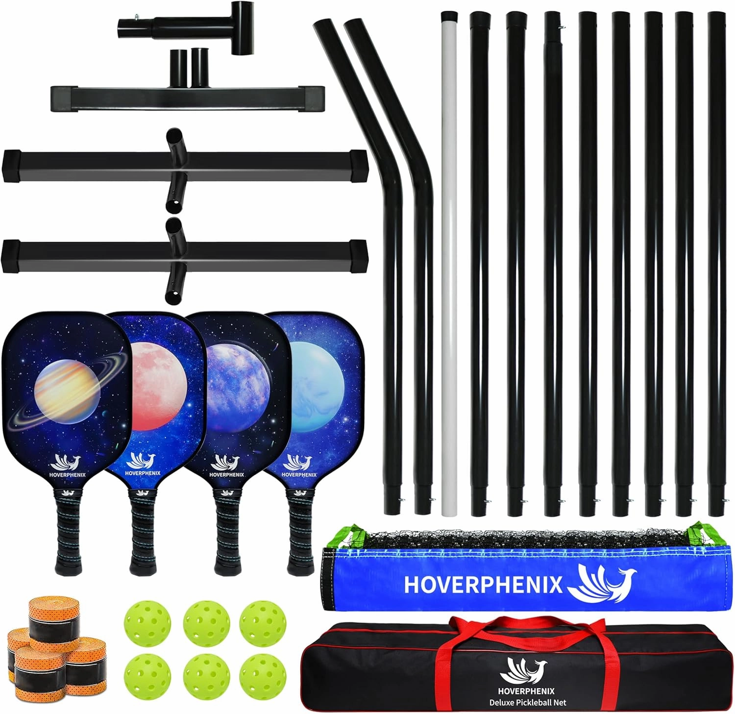 Hoverphenix Pickleball Net for Driveway, 22FT Regulation Size Pickleball Net with Paddles Set of 4, Pickleballs and Carry Bag for Outdoor Indoor Game
