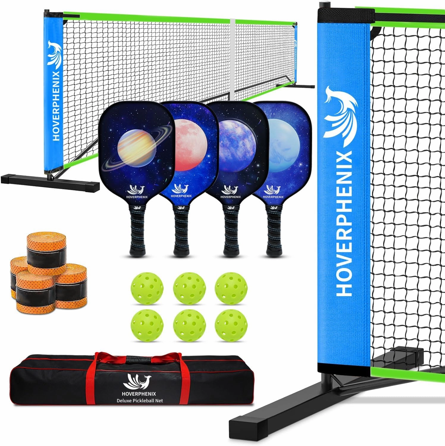 Hoverphenix Pickleball Net for Driveway, 22FT Regulation Size Pickleball Net with Paddles Set of 4, Pickleballs and Carry Bag for Outdoor Indoor Game