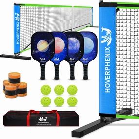 Hoverphenix Pickleball Net for Driveway, 22FT Regulation Size Pickleball Net with Paddles Set of 4, Pickleballs and Carry Bag for Outdoor Indoor Game