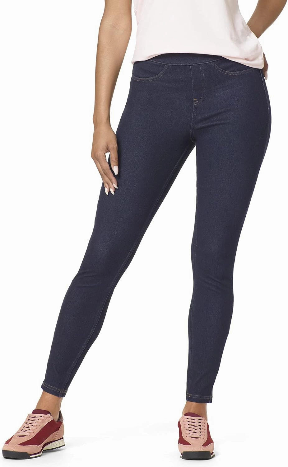 HUE Women's Essential Denim Leggings with Pockets Curvy Fit Pull On Pants, Available in Plus Size