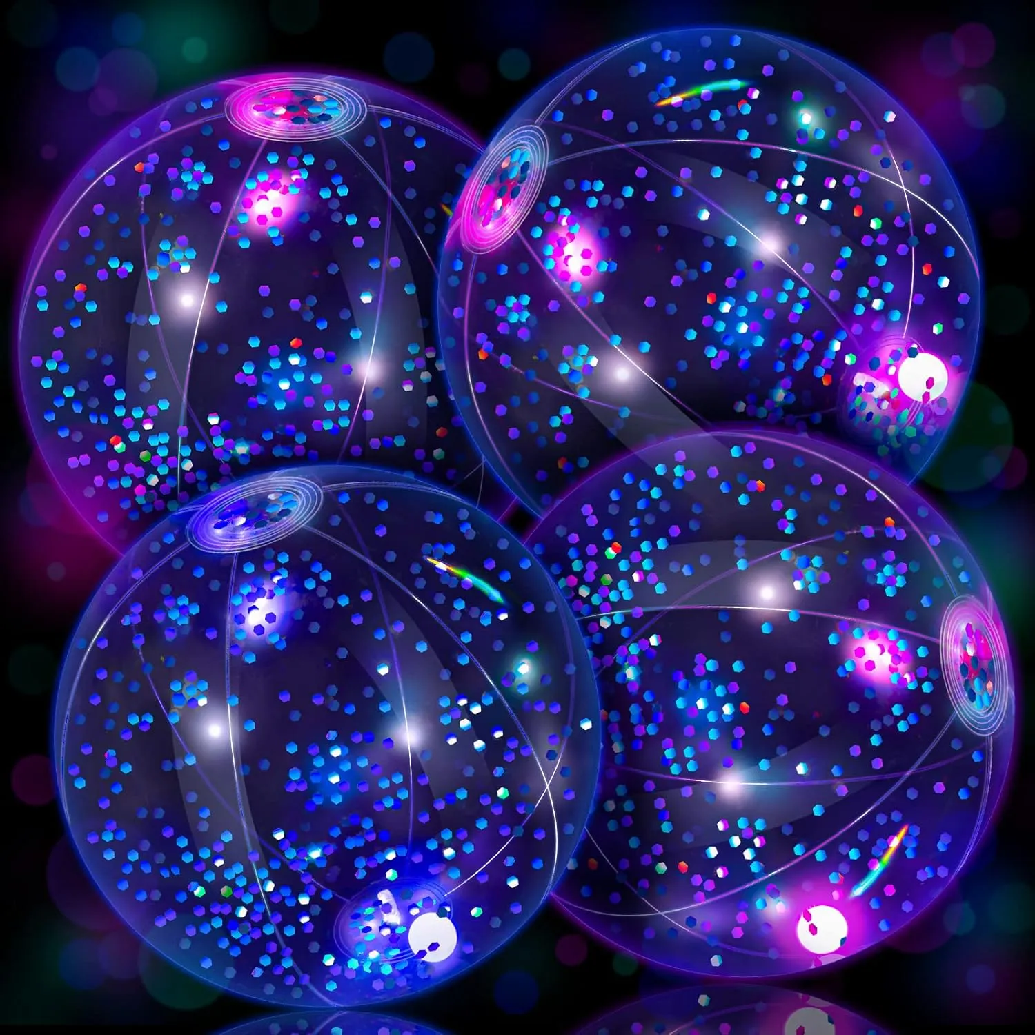 HyDren 4 Pack LED Light up Beach Ball 12 Inches Glow in The Dark Pool Balls Confetti Glitters Inflatable Light up Beach Ball Pool Toys for Teens Adults Summer Disco Party Favors(Light Blue)
