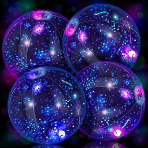 HyDren 4 Pack LED Light up Beach Ball 12 Inches Glow in The Dark Pool Balls Confetti Glitters Inflatable Light up Beach Ball Pool Toys for Teens Adults Summer Disco Party Favors(Light Blue)