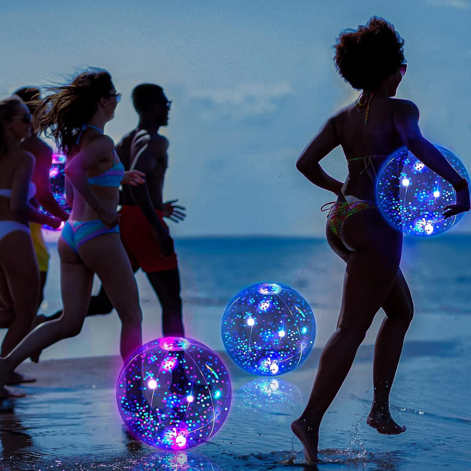 HyDren 4 Pack LED Light up Beach Ball 12 Inches Glow in The Dark Pool Balls Confetti Glitters Inflatable Light up Beach Ball Pool Toys for Teens Adults Summer Disco Party Favors(Light Blue)