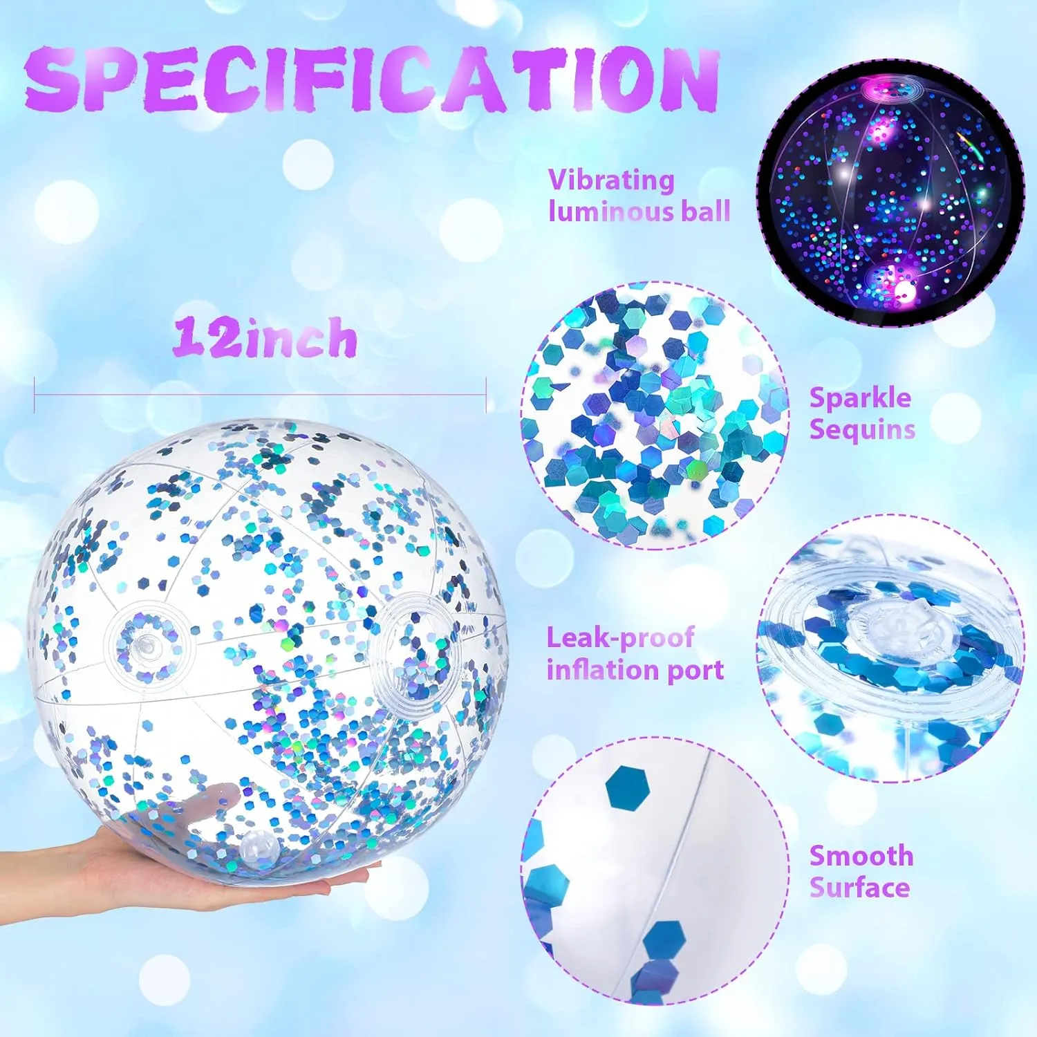 HyDren 4 Pack LED Light up Beach Ball 12 Inches Glow in The Dark Pool Balls Confetti Glitters Inflatable Light up Beach Ball Pool Toys for Teens Adults Summer Disco Party Favors(Light Blue)
