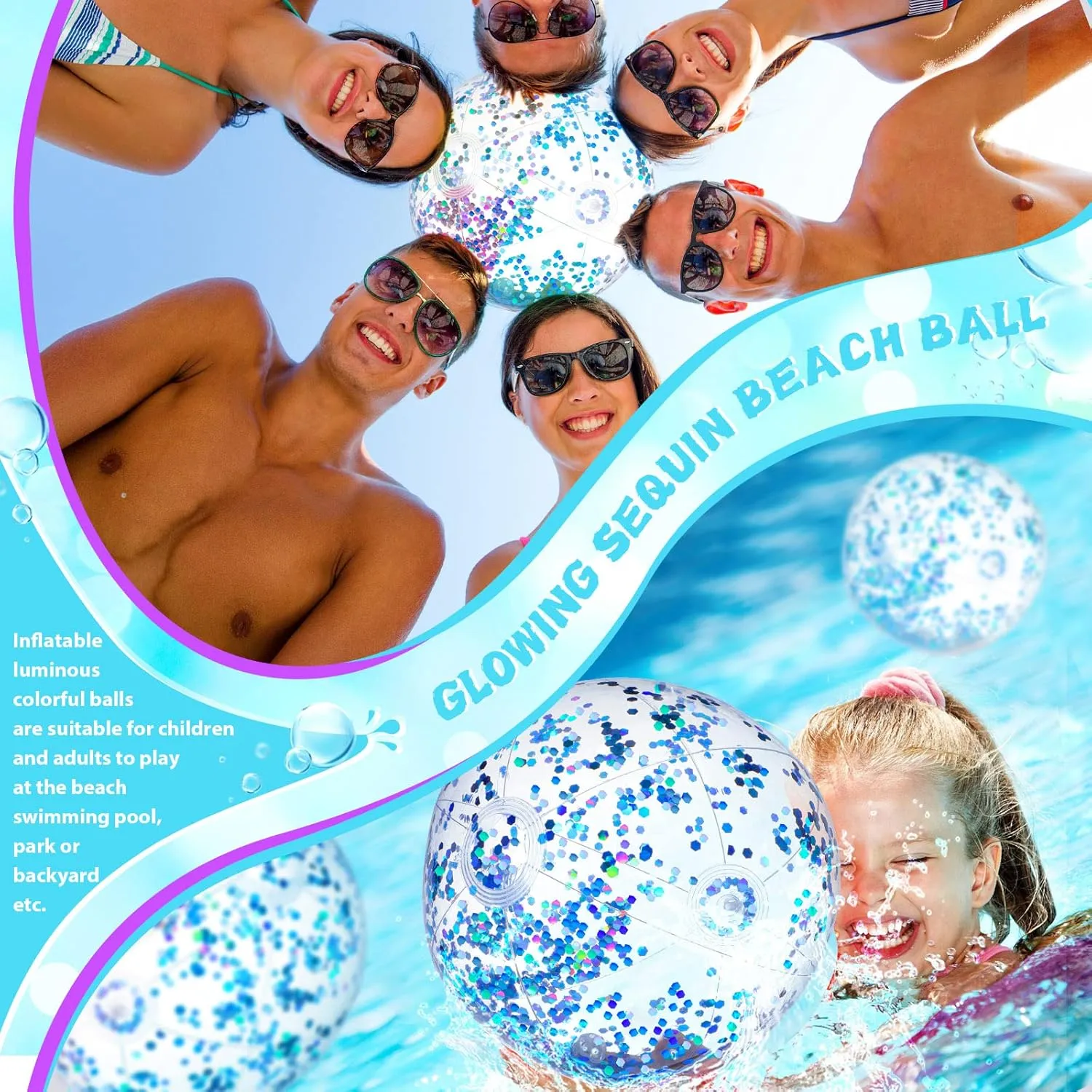 HyDren 4 Pack LED Light up Beach Ball 12 Inches Glow in The Dark Pool Balls Confetti Glitters Inflatable Light up Beach Ball Pool Toys for Teens Adults Summer Disco Party Favors(Light Blue)