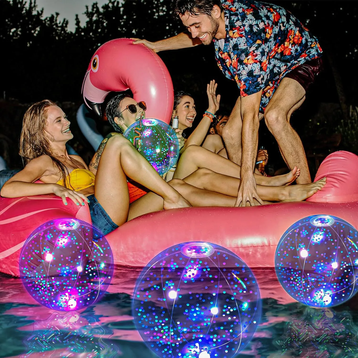 HyDren 4 Pack LED Light up Beach Ball 12 Inches Glow in The Dark Pool Balls Confetti Glitters Inflatable Light up Beach Ball Pool Toys for Teens Adults Summer Disco Party Favors(Light Blue)