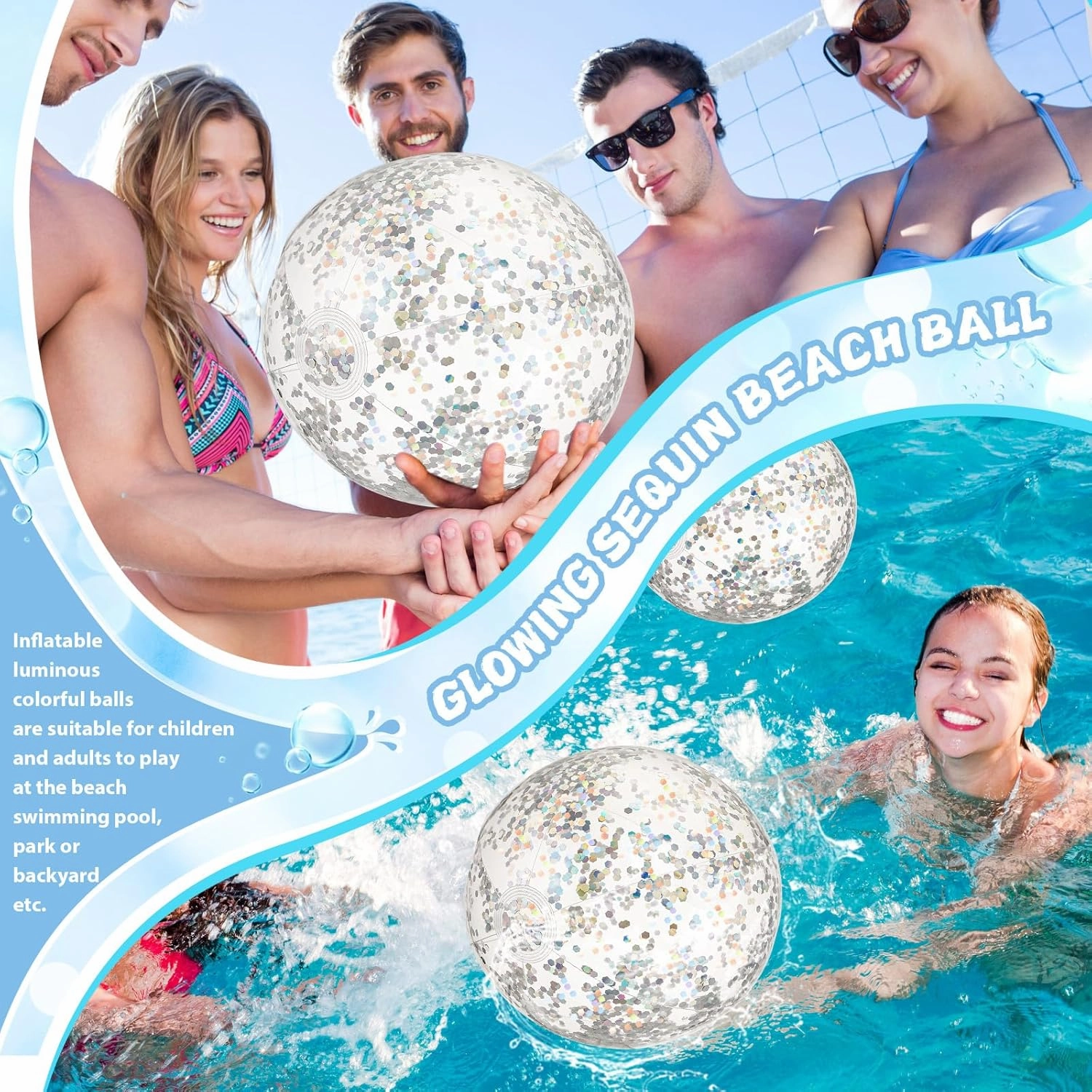 HyDren 4 Pack LED Light up Beach Ball 12 Inches Glow in The Dark Pool Balls Confetti Glitters Inflatable Light up Beach Ball Pool Toys for Teens Adults Summer Disco Party Favors(Silver)