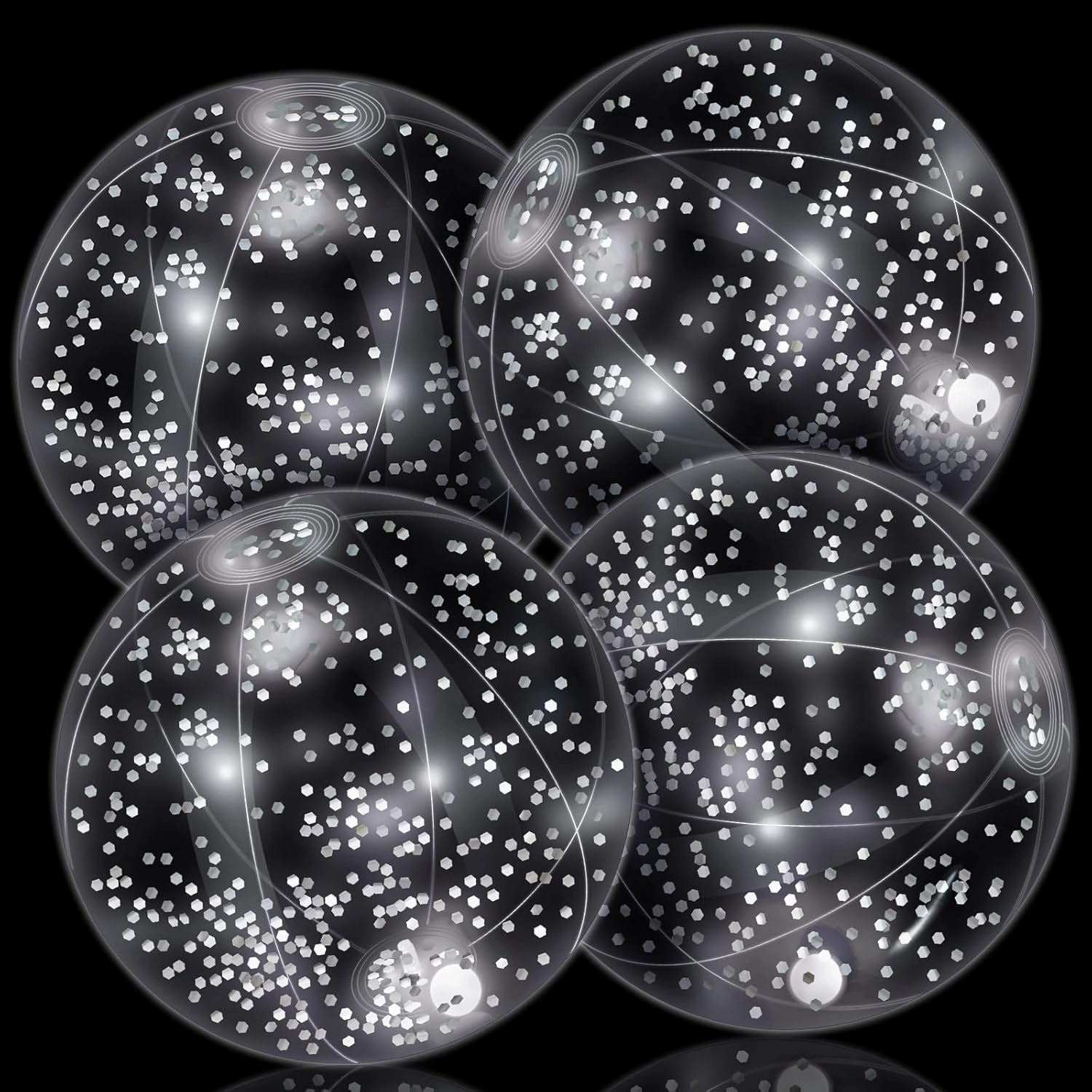 HyDren 4 Pack LED Light up Beach Ball 12 Inches Glow in The Dark Pool Balls Confetti Glitters Inflatable Light up Beach Ball Pool Toys for Teens Adults Summer Disco Party Favors(Silver)