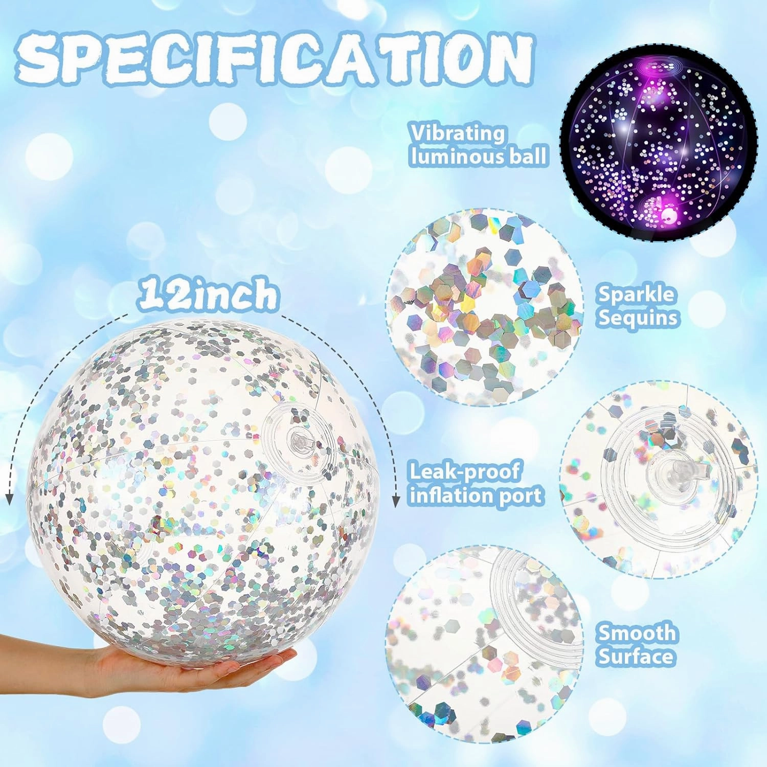 HyDren 4 Pack LED Light up Beach Ball 12 Inches Glow in The Dark Pool Balls Confetti Glitters Inflatable Light up Beach Ball Pool Toys for Teens Adults Summer Disco Party Favors(Silver)