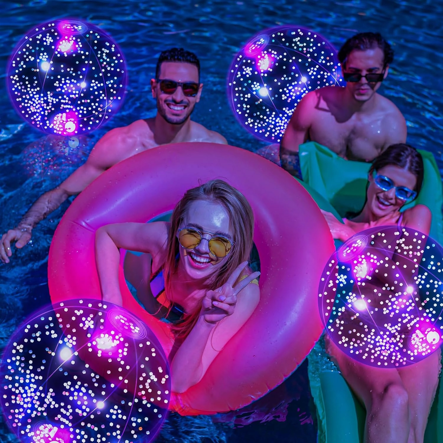 HyDren 4 Pack LED Light up Beach Ball 12 Inches Glow in The Dark Pool Balls Confetti Glitters Inflatable Light up Beach Ball Pool Toys for Teens Adults Summer Disco Party Favors(Silver)