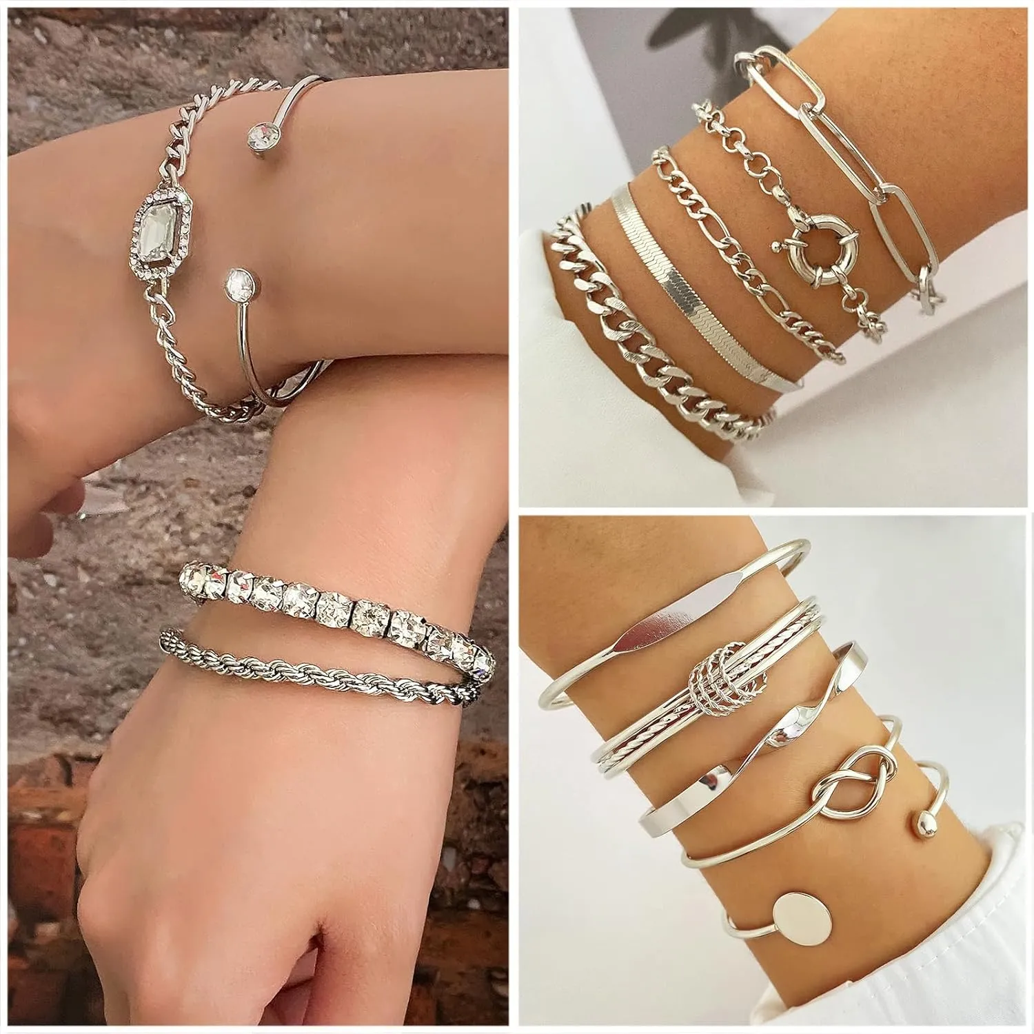 IFKM 36 PC Silver Plated Jewelry Set With 3 Necklace, 12 Bracelet, 7 Ear Cuffs Earring, 14 Knuckle Rings For Women Girls Valentine Anniversary Birthday Friendship Gift