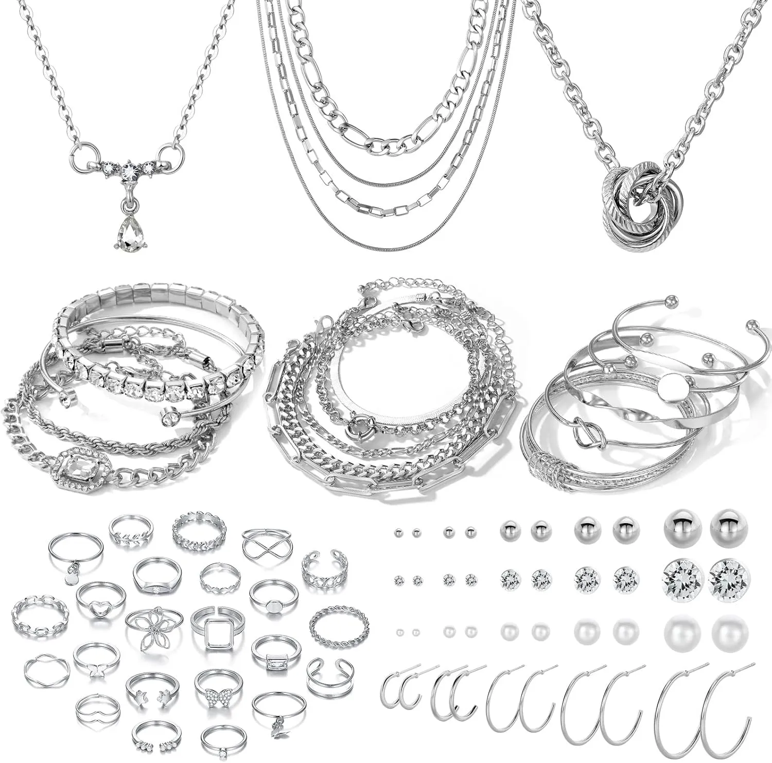 IFKM 36 PC Silver Plated Jewelry Set With 3 Necklace, 12 Bracelet, 7 Ear Cuffs Earring, 14 Knuckle Rings For Women Girls Valentine Anniversary Birthday Friendship Gift