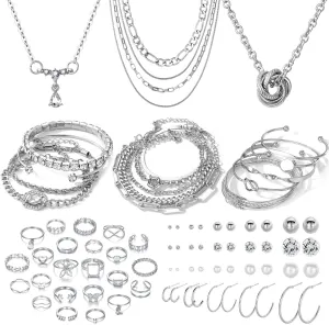 IFKM 36 PC Silver Plated Jewelry Set With 3 Necklace, 12 Bracelet, 7 Ear Cuffs Earring, 14 Knuckle Rings For Women Girls Valentine Anniversary Birthday Friendship Gift