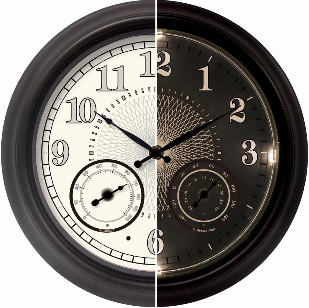 Illuminated Large Outdoor Clock - 18 inch Indoor Outdoor Night Light Wall Clock with Smart LED Sensor, Temperature and Humidity Combo - Weatherproof & Easy to Read for Pool, Patio & Home Decor