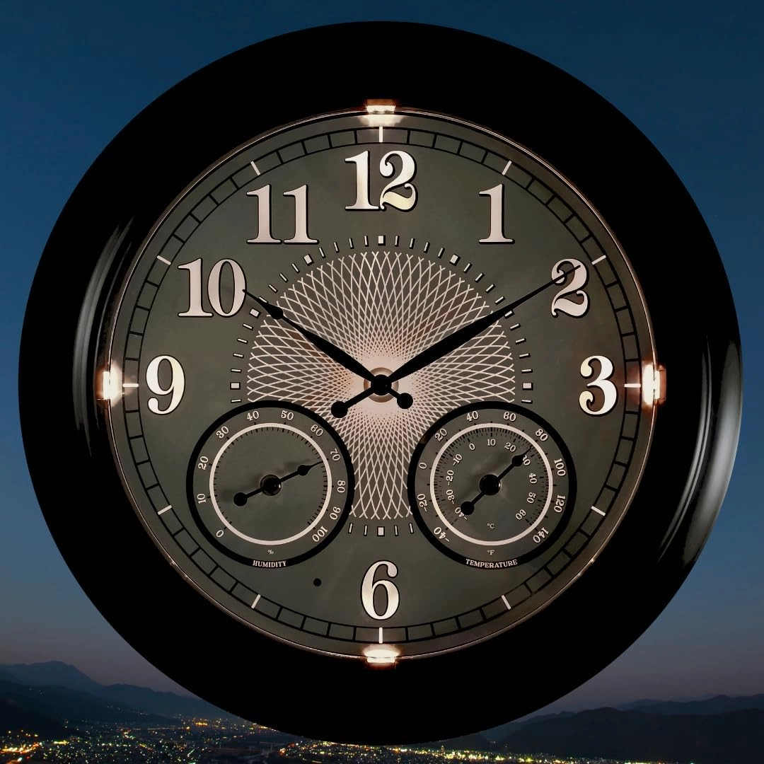 Illuminated Large Outdoor Clock - 18 inch Indoor Outdoor Night Light Wall Clock with Smart LED Sensor, Temperature and Humidity Combo - Weatherproof & Easy to Read for Pool, Patio & Home Decor