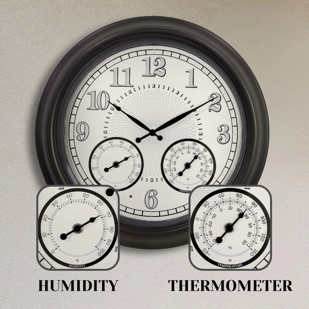 Illuminated Large Outdoor Clock - 18 inch Indoor Outdoor Night Light Wall Clock with Smart LED Sensor, Temperature and Humidity Combo - Weatherproof & Easy to Read for Pool, Patio & Home Decor