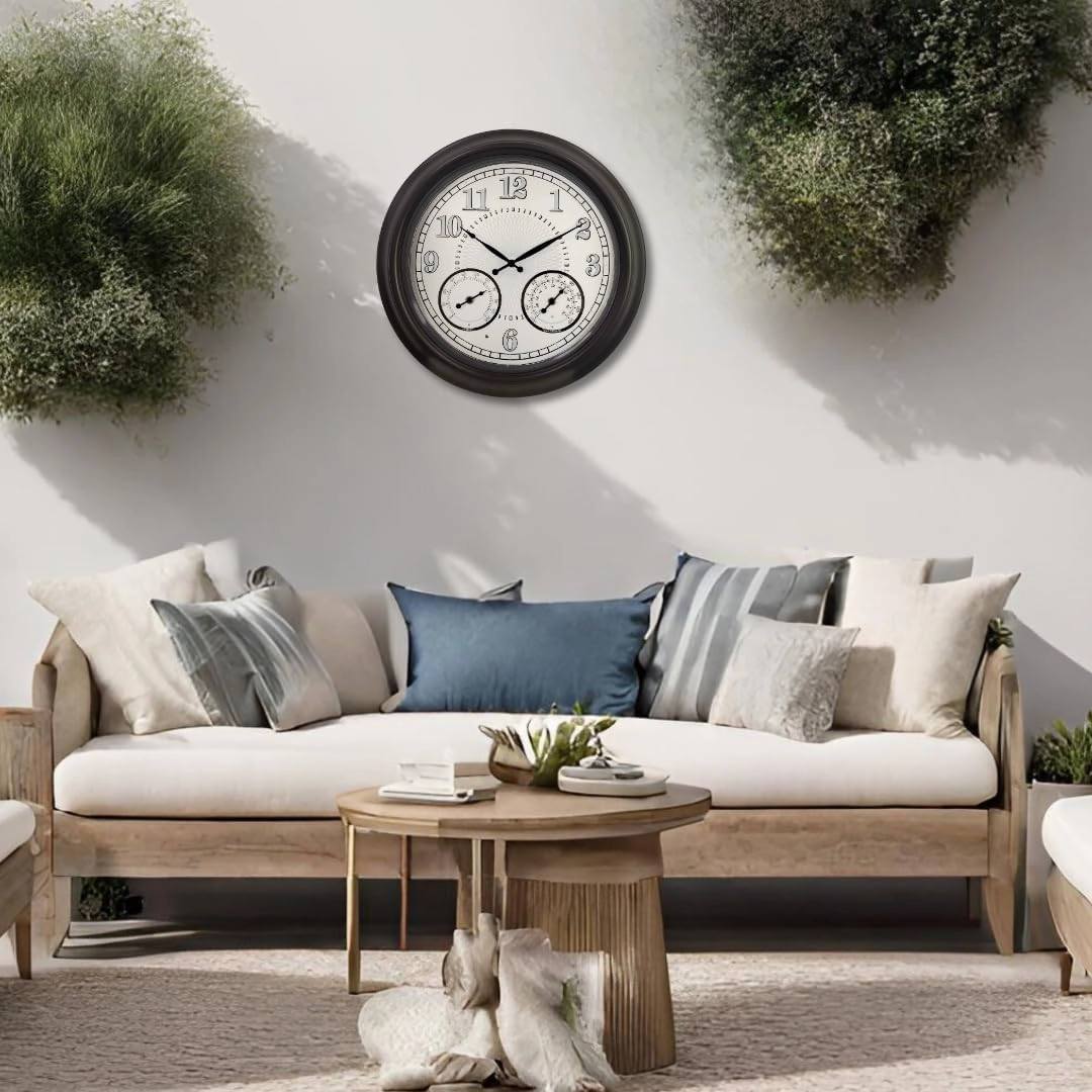 Illuminated Large Outdoor Clock - 18 inch Indoor Outdoor Night Light Wall Clock with Smart LED Sensor, Temperature and Humidity Combo - Weatherproof & Easy to Read for Pool, Patio & Home Decor