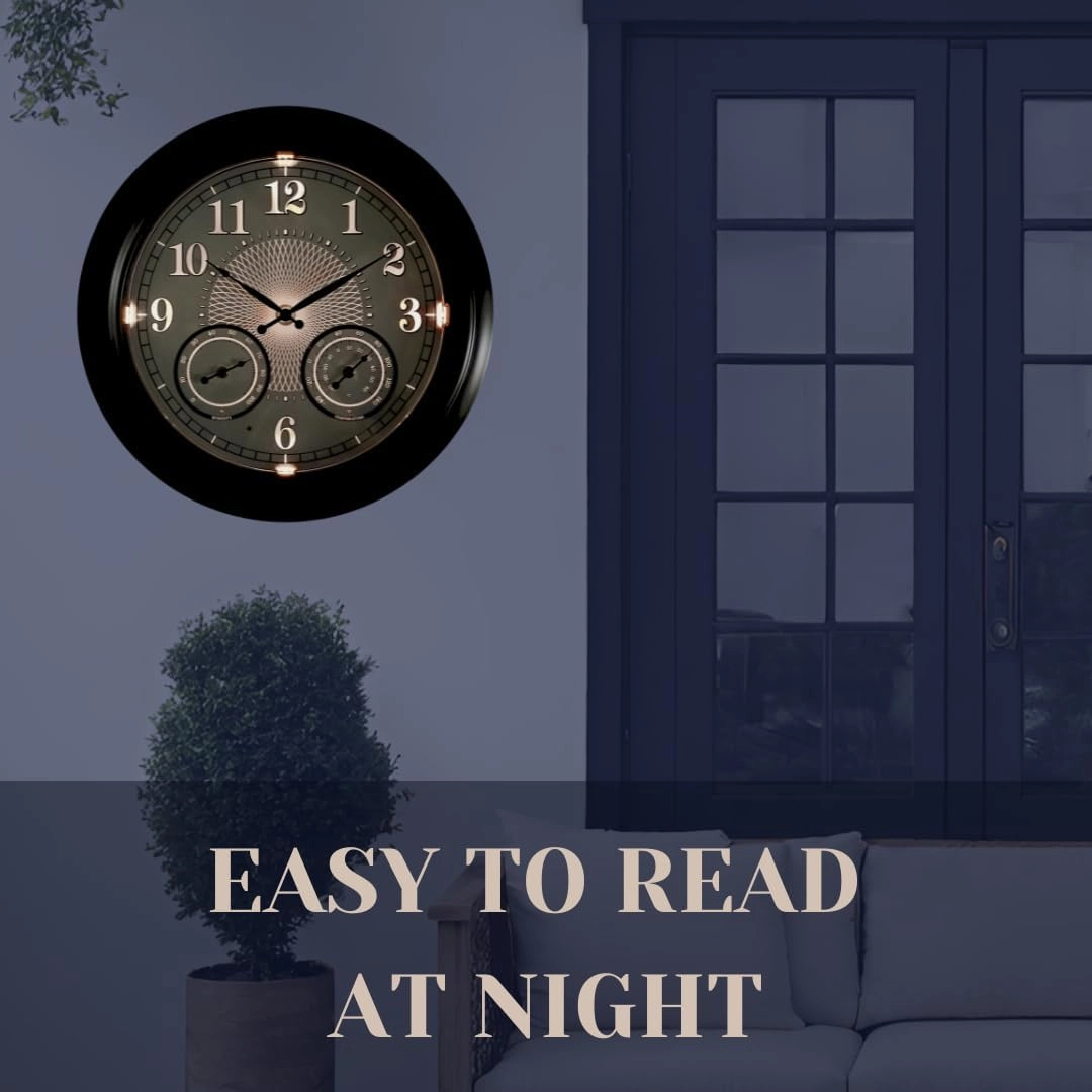 Illuminated Large Outdoor Clock - 18 inch Indoor Outdoor Night Light Wall Clock with Smart LED Sensor, Temperature and Humidity Combo - Weatherproof & Easy to Read for Pool, Patio & Home Decor