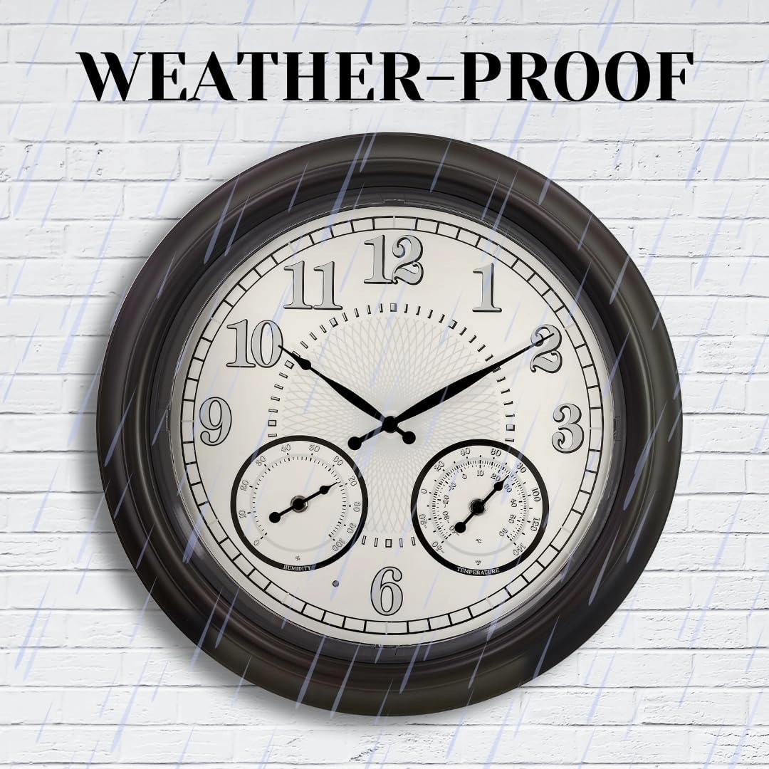 Illuminated Large Outdoor Clock - 18 inch Indoor Outdoor Night Light Wall Clock with Smart LED Sensor, Temperature and Humidity Combo - Weatherproof & Easy to Read for Pool, Patio & Home Decor