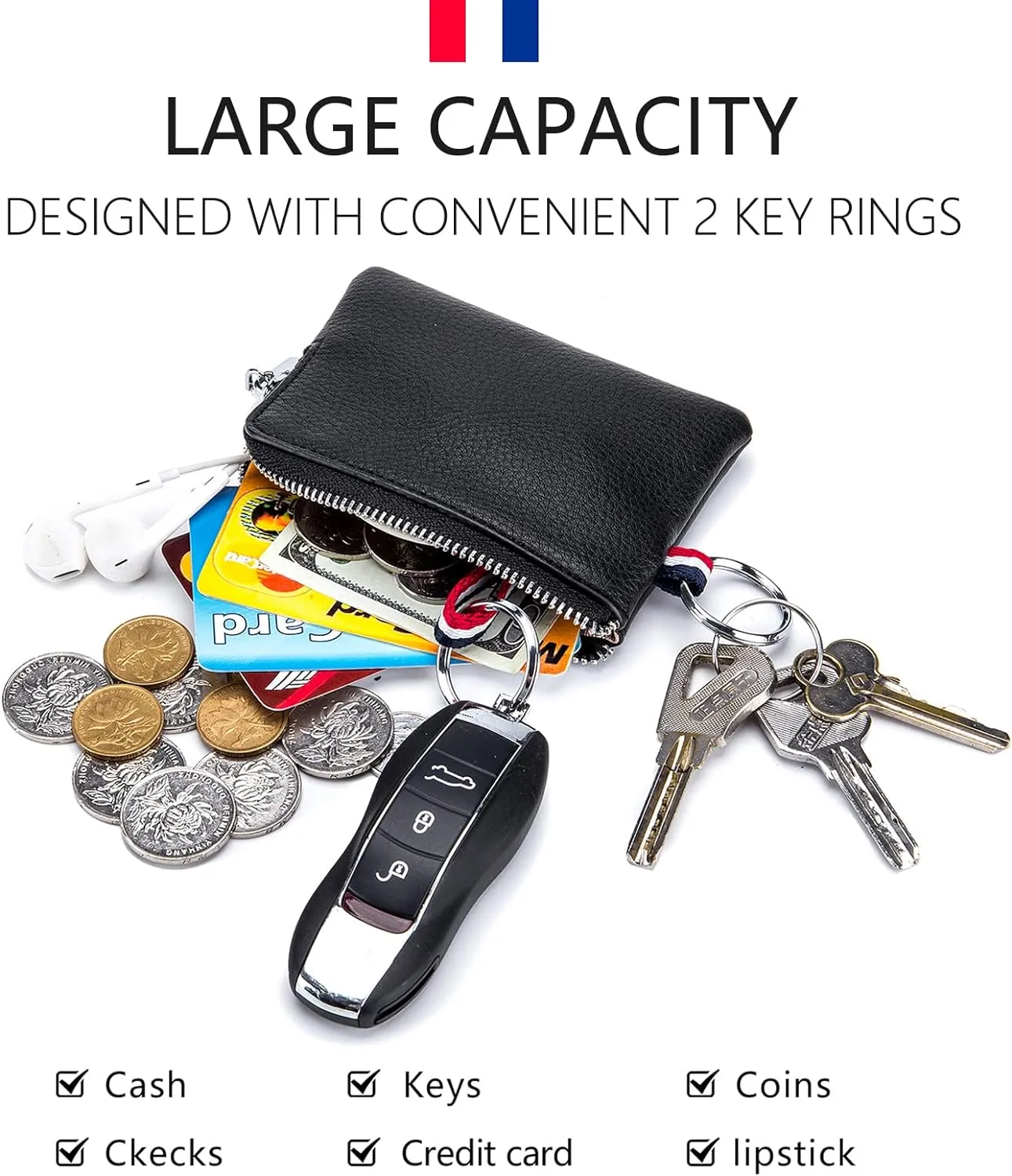 imeetu Leather Coin Purse Wallet, Mini Dual Keyrings Change Pouch Card Holder for Men Women (Dark green, standard)