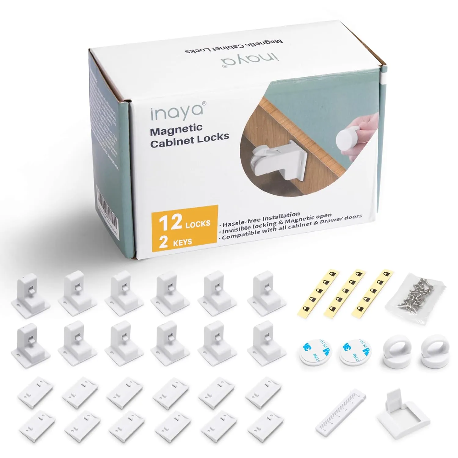 Inaya Magnetic Cabinet Locks Baby Proofing, 12 Locks & 2 Keys, Child Proof Magnet Locks for Cabinet Drawers with Invisible Design, 3M Adhesive for Easy Installation - No Drill & Tools Needed