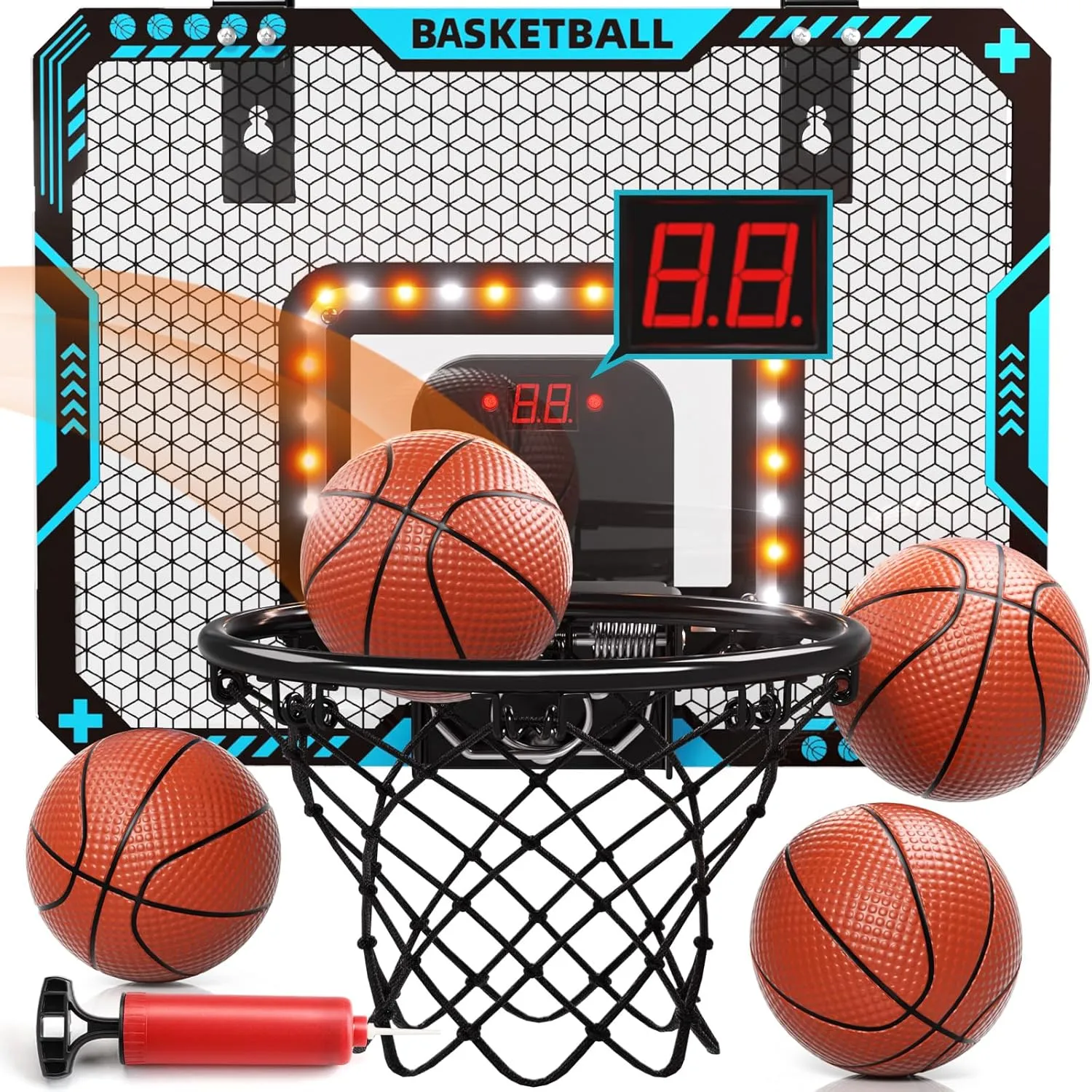 Indoor Mini Basketball Hoop for Boys Kids Aged 5 6 7 8 9 10 11 12 , Over The Door Basketball Hoops with LED Lighting, Electronic Scoreboard, and 4 Balls, Sport Toys Birthday Gift