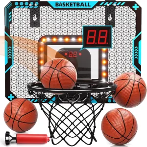 Indoor Mini Basketball Hoop for Boys Kids Aged 5 6 7 8 9 10 11 12 , Over The Door Basketball Hoops with LED Lighting, Electronic Scoreboard, and 4 Balls, Sport Toys Birthday Gift