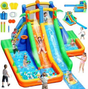 Inflatable Water Slide Bounce House with Extend Long Splash Waterslide for Kids Backyard, Blow Up Bouncy Castle Park with 2 Water Pool, Basketball Hoop, Water Cannon for Indoor, Outdoor, Party