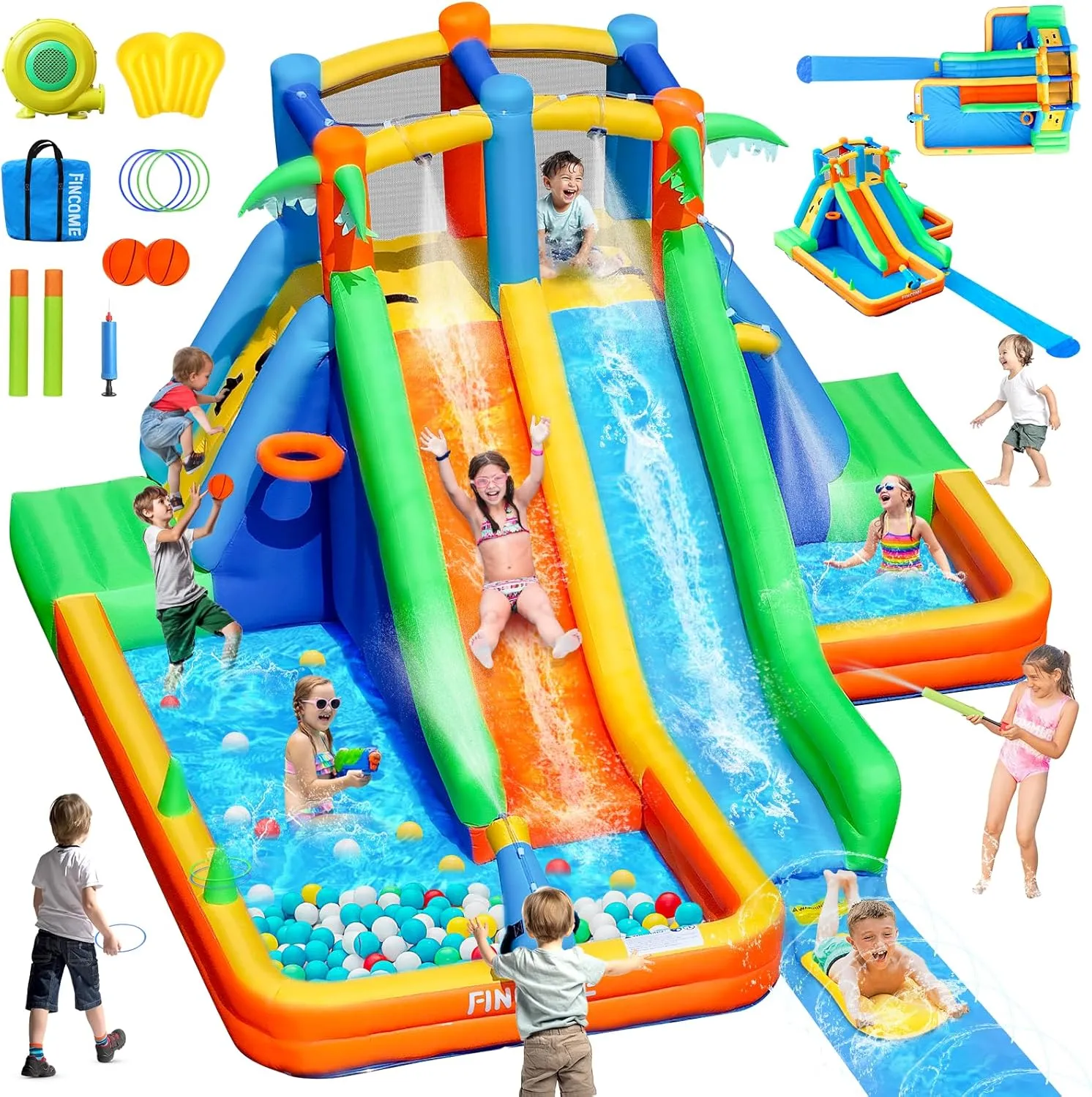 Inflatable Water Slide Bounce House with Extend Long Splash Waterslide for Kids Backyard, Blow Up Bouncy Castle Park with 2 Water Pool, Basketball Hoop, Water Cannon for Indoor, Outdoor, Party