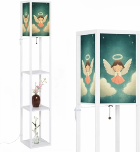 Innocent Angel Gliding Heavenly Soft Colored Artwork Floor Lamps with Shelves, Modern Standing Lamp Narrow Corner Display Bookshelf Lamp for Living Room, Bedroom, Office Decor