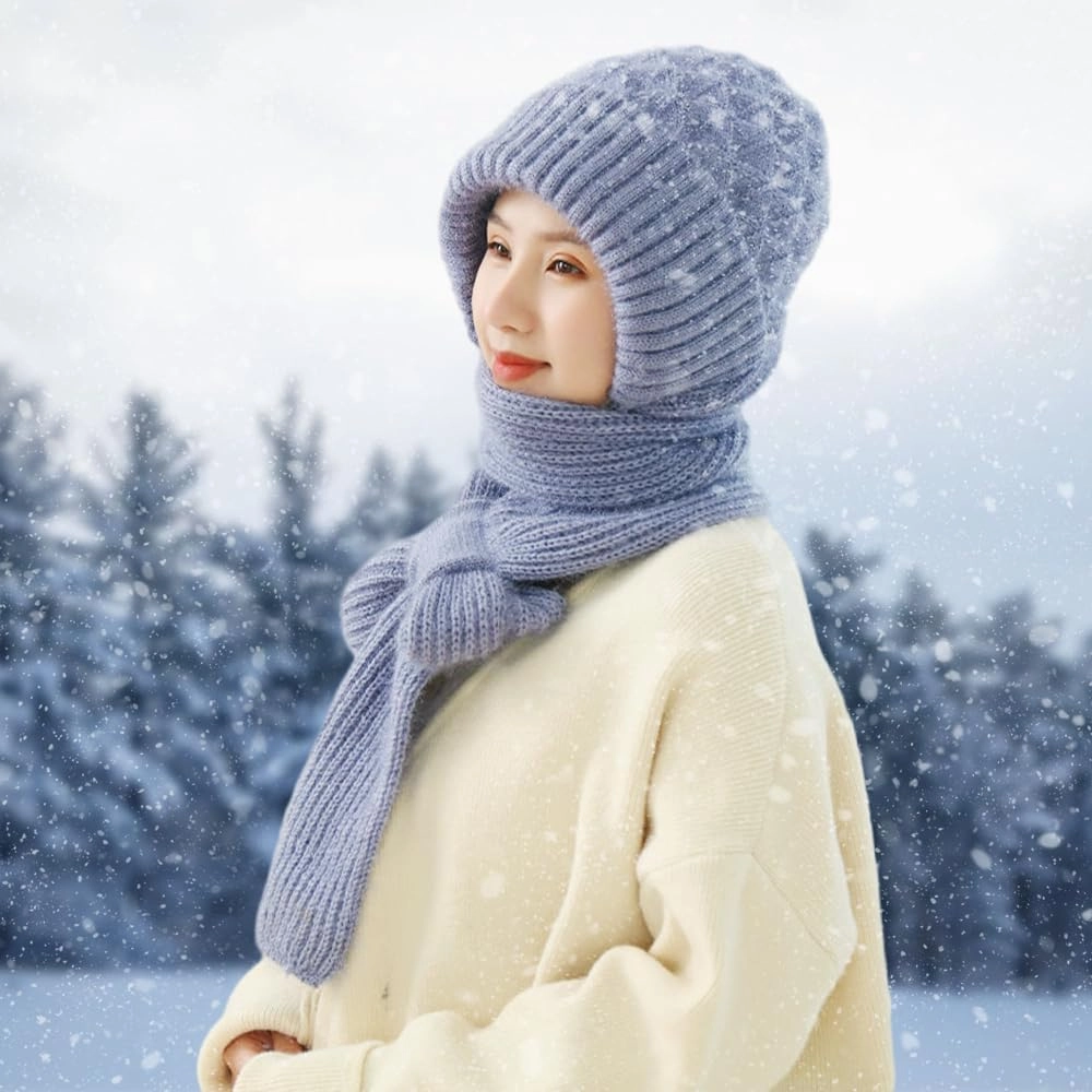 Integrated Ear Protection Windproof Cap Scarf, Elastic Warm Conjoined Ear Protection Knitted Hat, Winter Beanie Hat Scarf