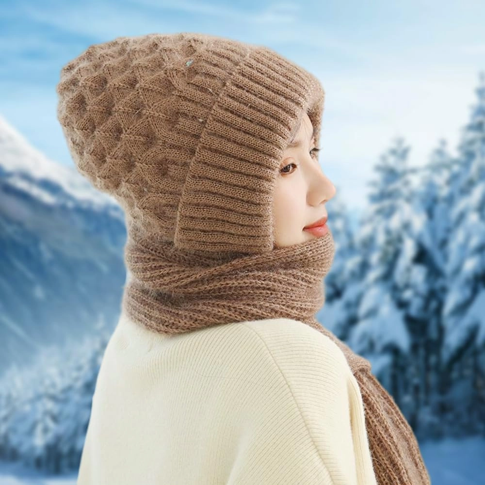Integrated Ear Protection Windproof Cap Scarf, Elastic Warm Conjoined Ear Protection Knitted Hat, Winter Beanie Hat Scarf
