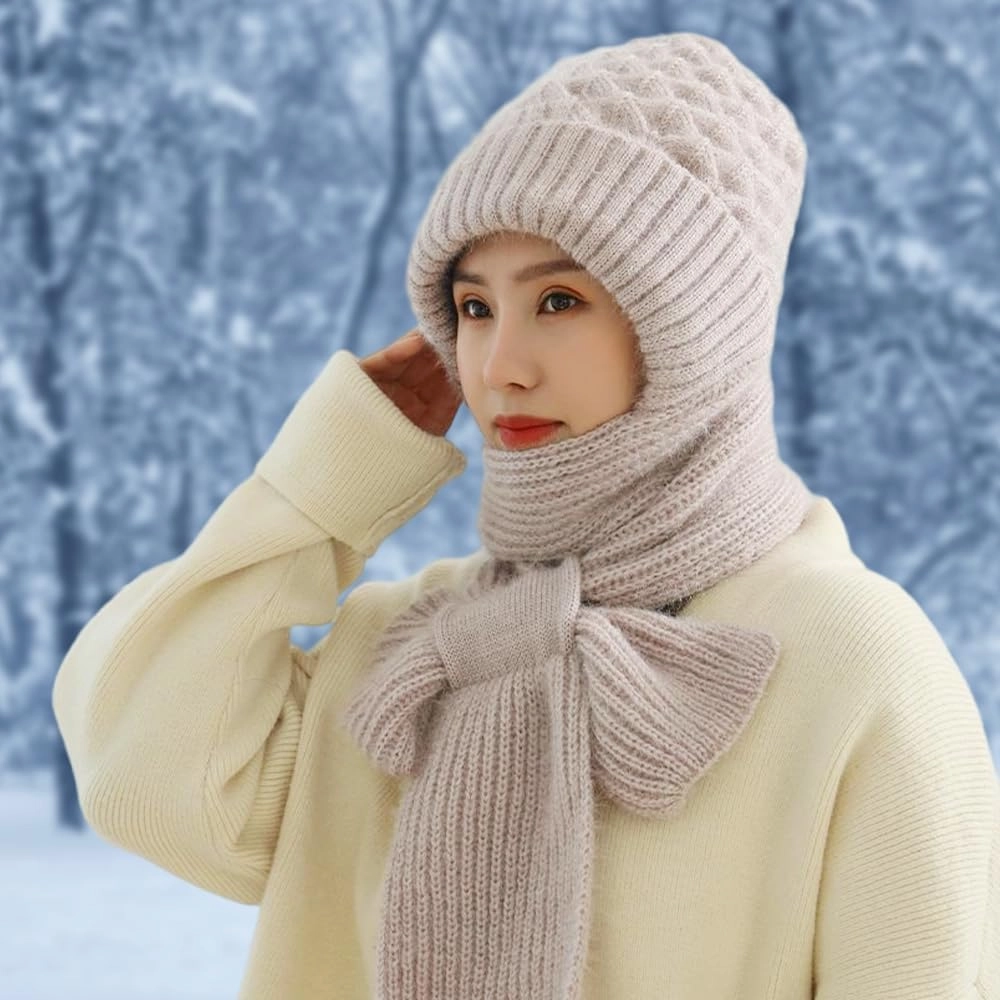 Integrated Ear Protection Windproof Cap Scarf, Elastic Warm Conjoined Ear Protection Knitted Hat, Winter Beanie Hat Scarf