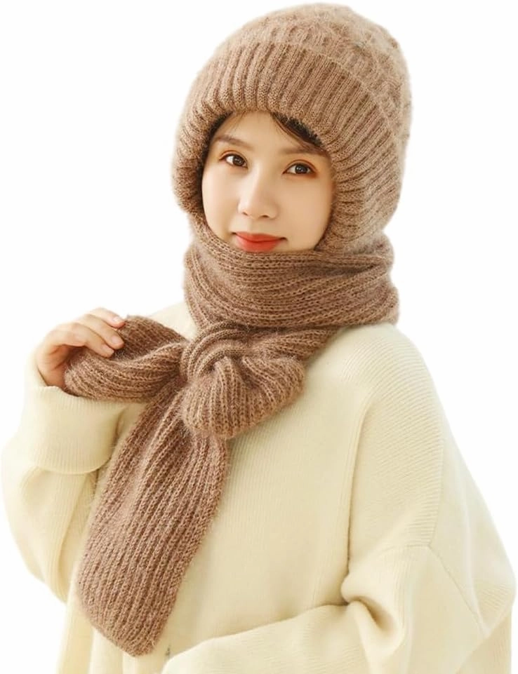 Integrated Ear Protection Windproof Cap Scarf,Elastic Warm Ear Protection Knitted Hat Scarf,Winter Windproof Hat for Women
