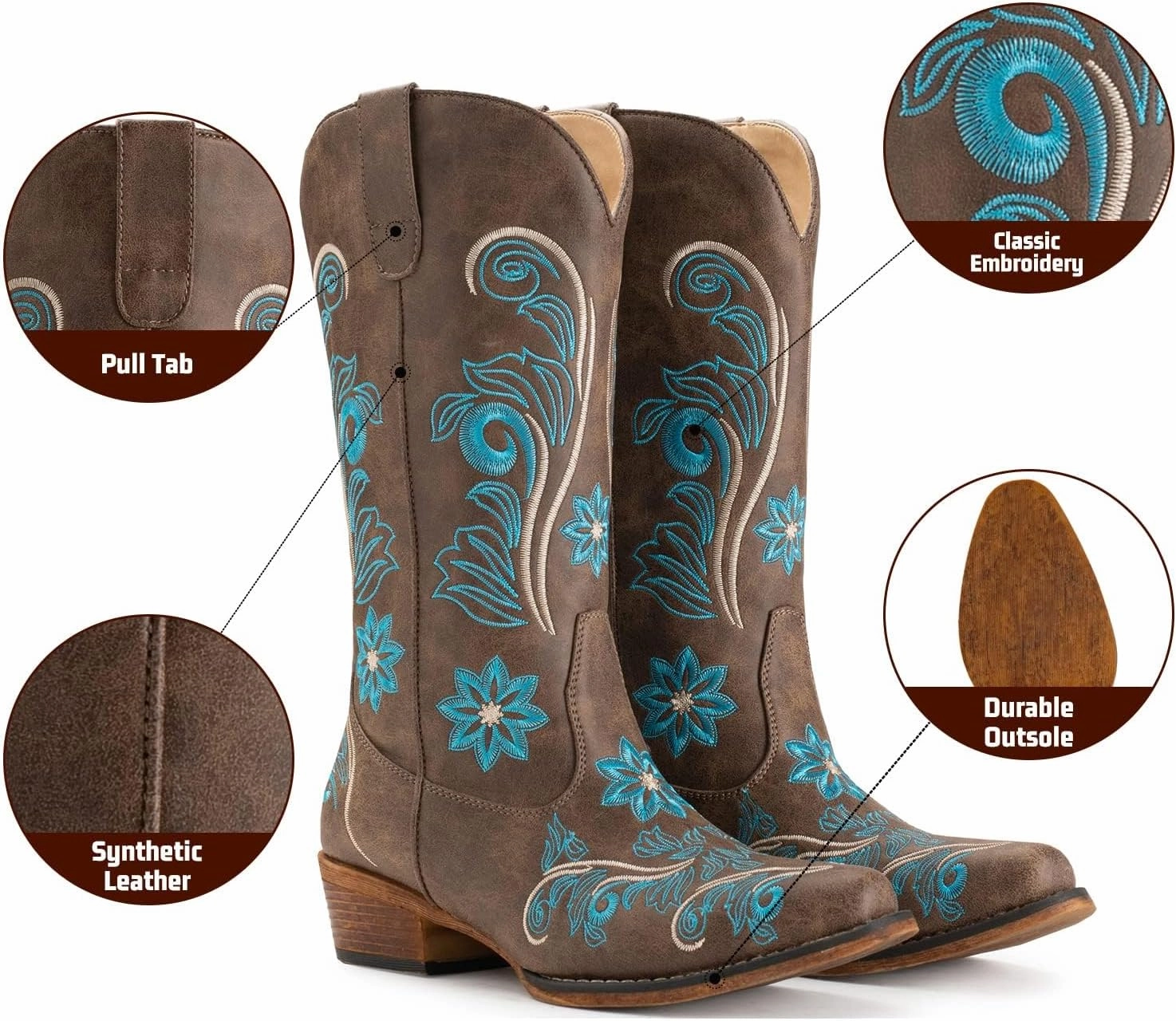 IUV Cowboy Boots For Women Mid Calf Cowgirl Boots Embroidered Pull-On Tabs Snip Toe Boot